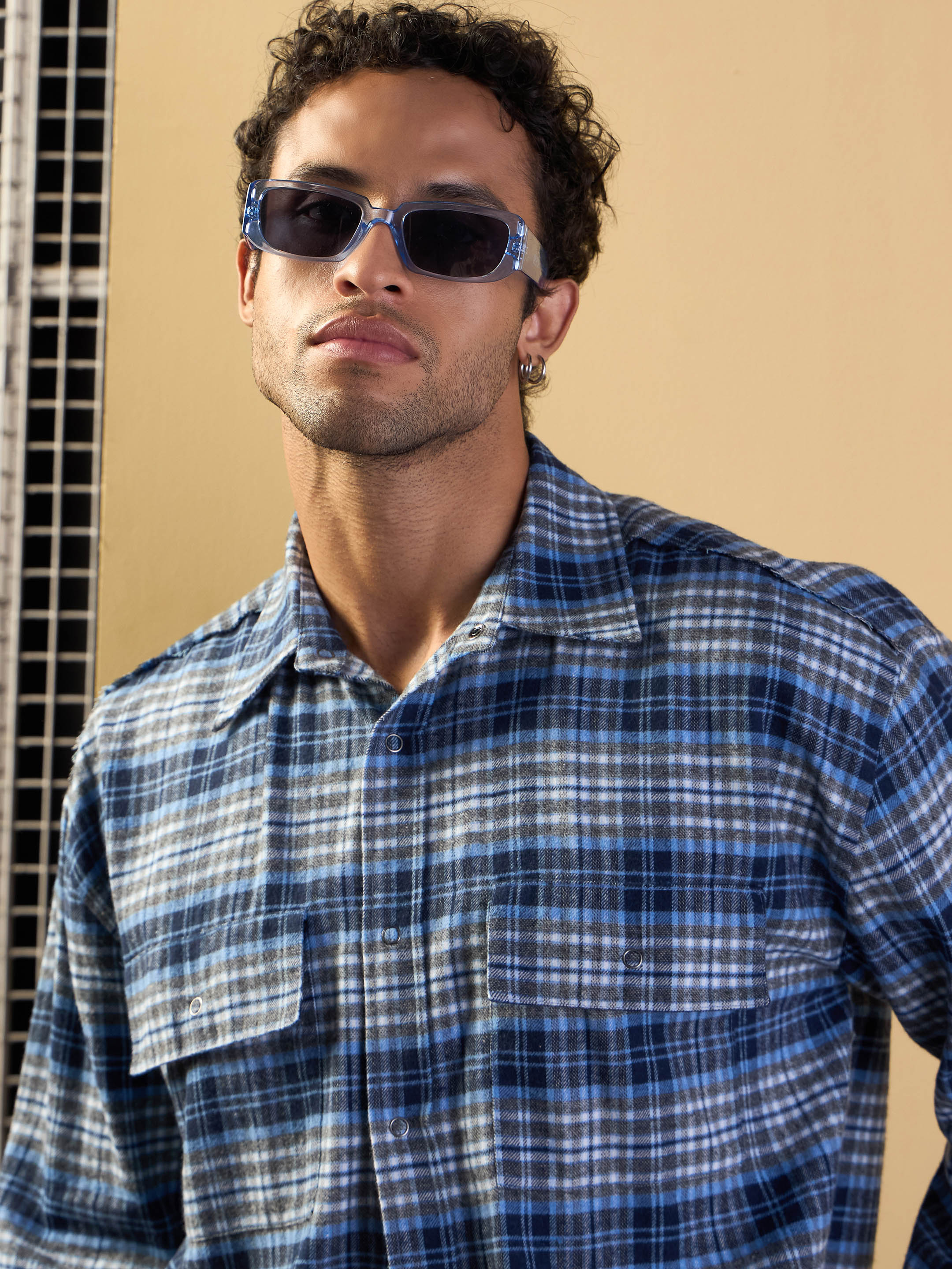 Men Grey & Blue Check Raw Edge Hem Oversize Shirt