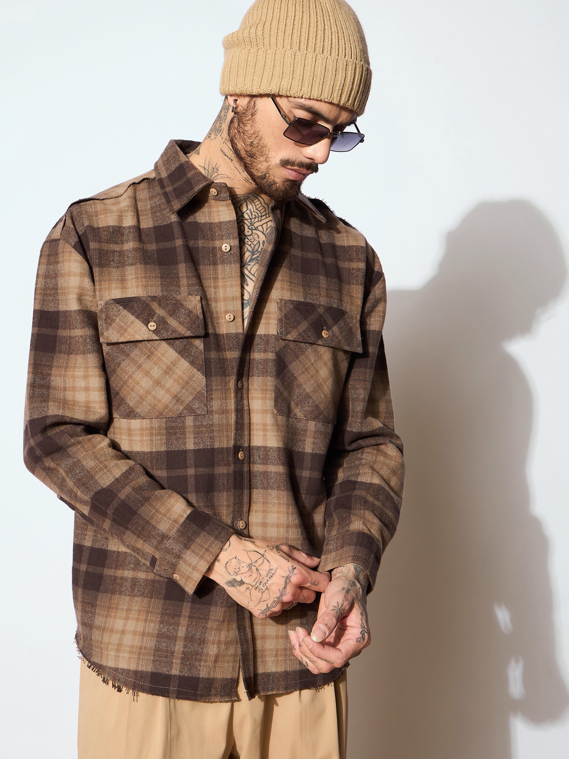 Men Beige & Brown Check Raw Edge Hem Oversize Shirt