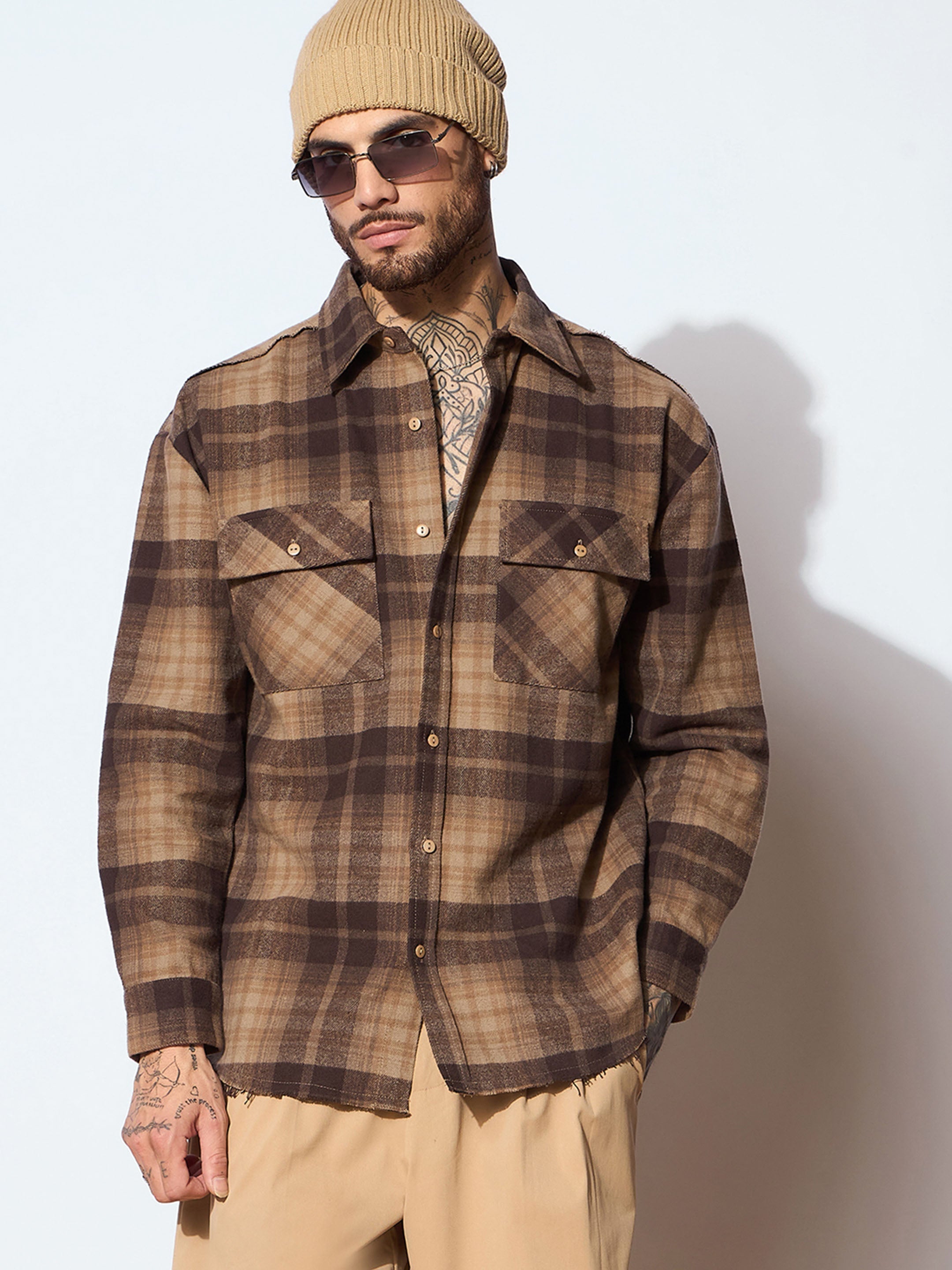 Men Beige & Brown Check Raw Edge Hem Oversize Shirt