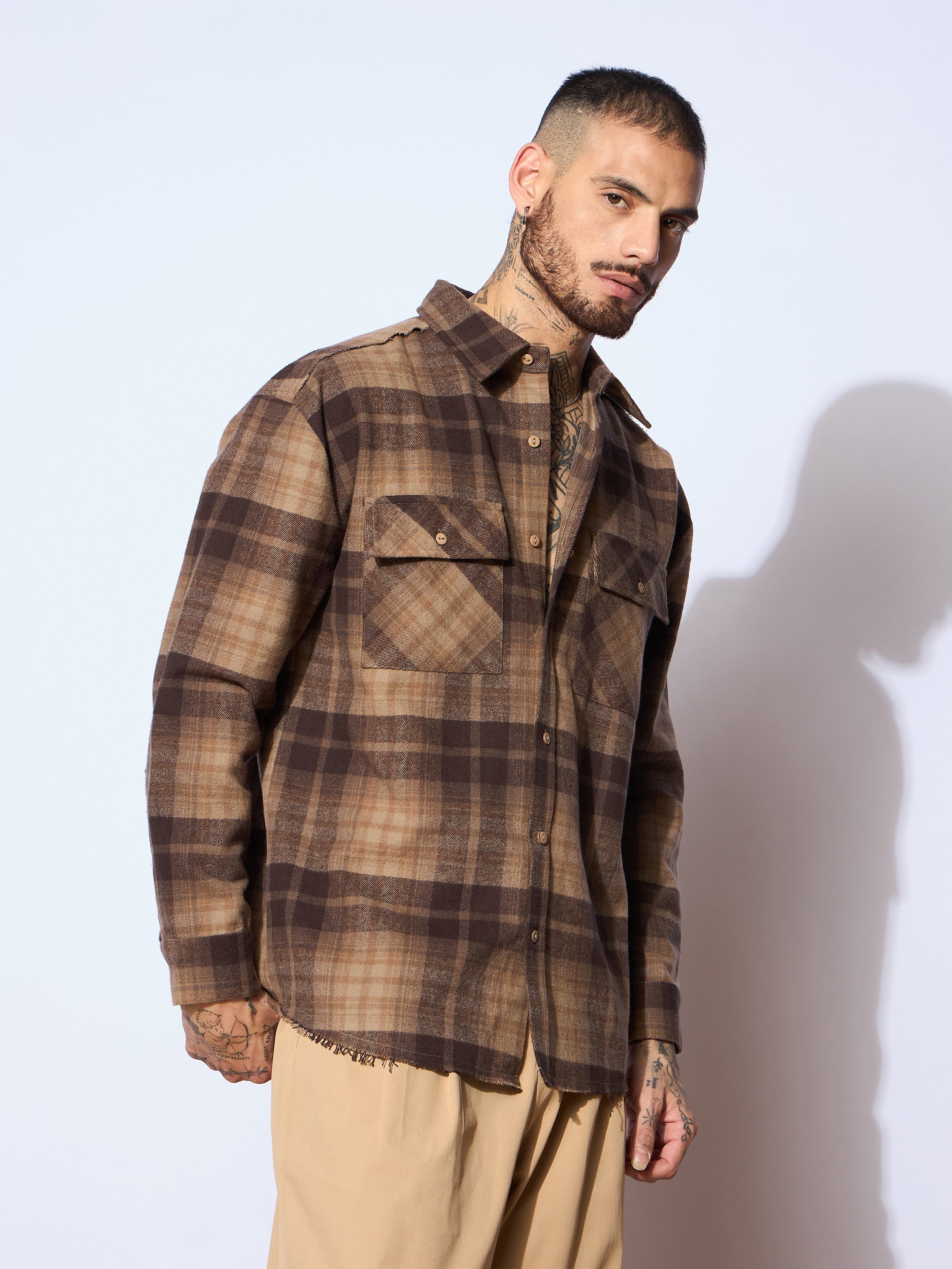 Men Beige & Brown Check Raw Edge Hem Oversize Shirt