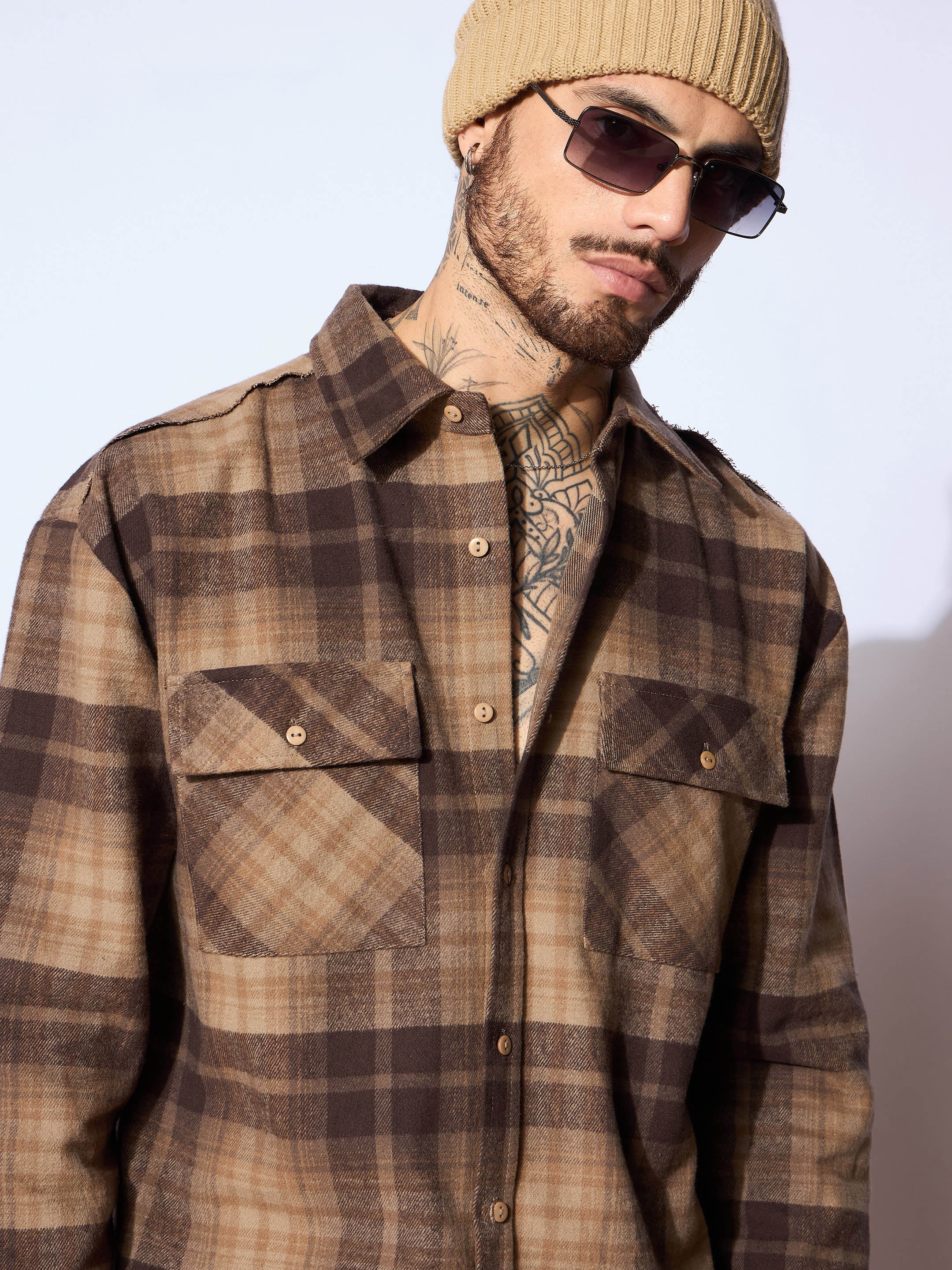 Men Beige & Brown Check Raw Edge Hem Oversize Shirt