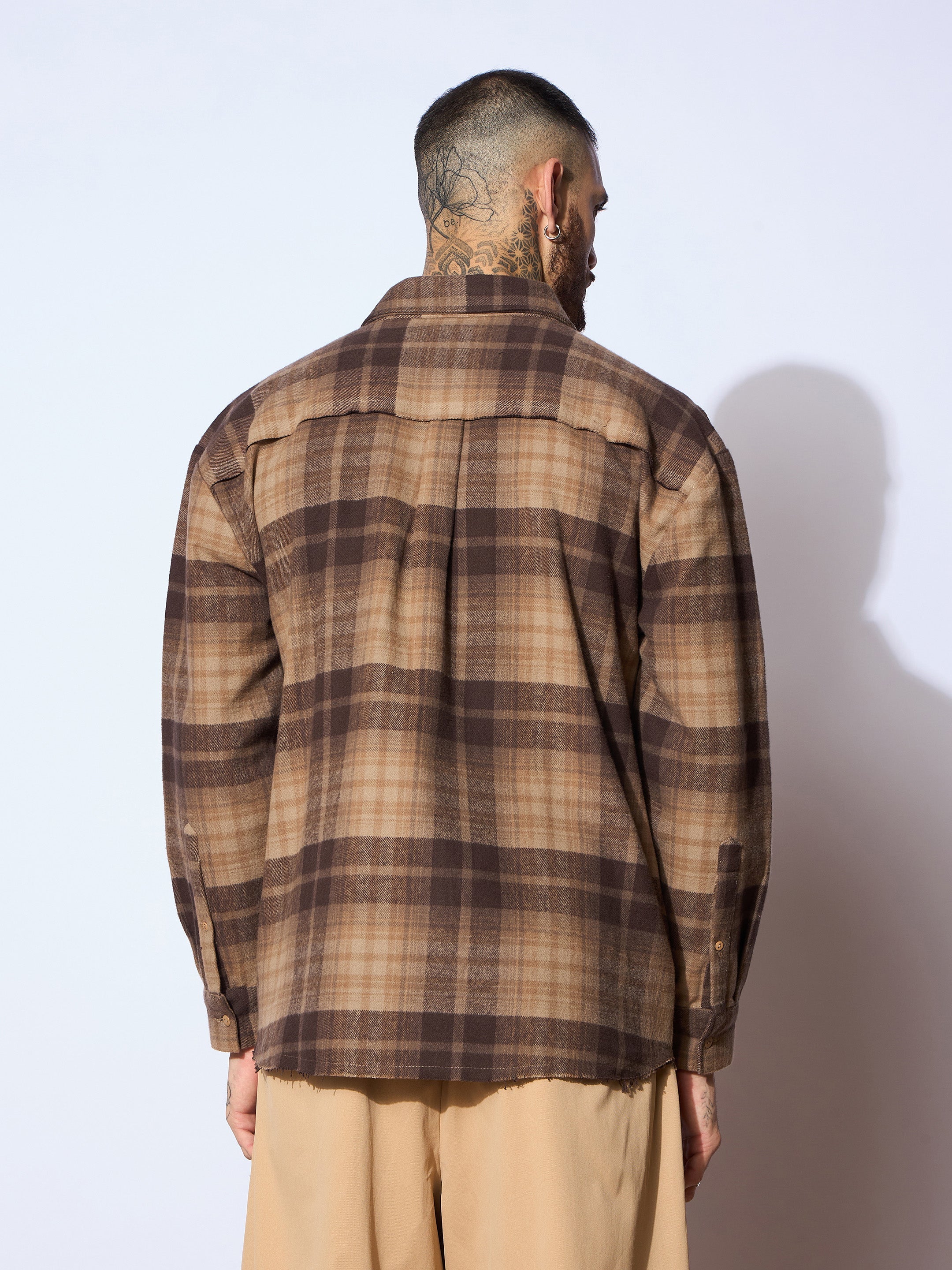 Men Beige & Brown Check Raw Edge Hem Oversize Shirt