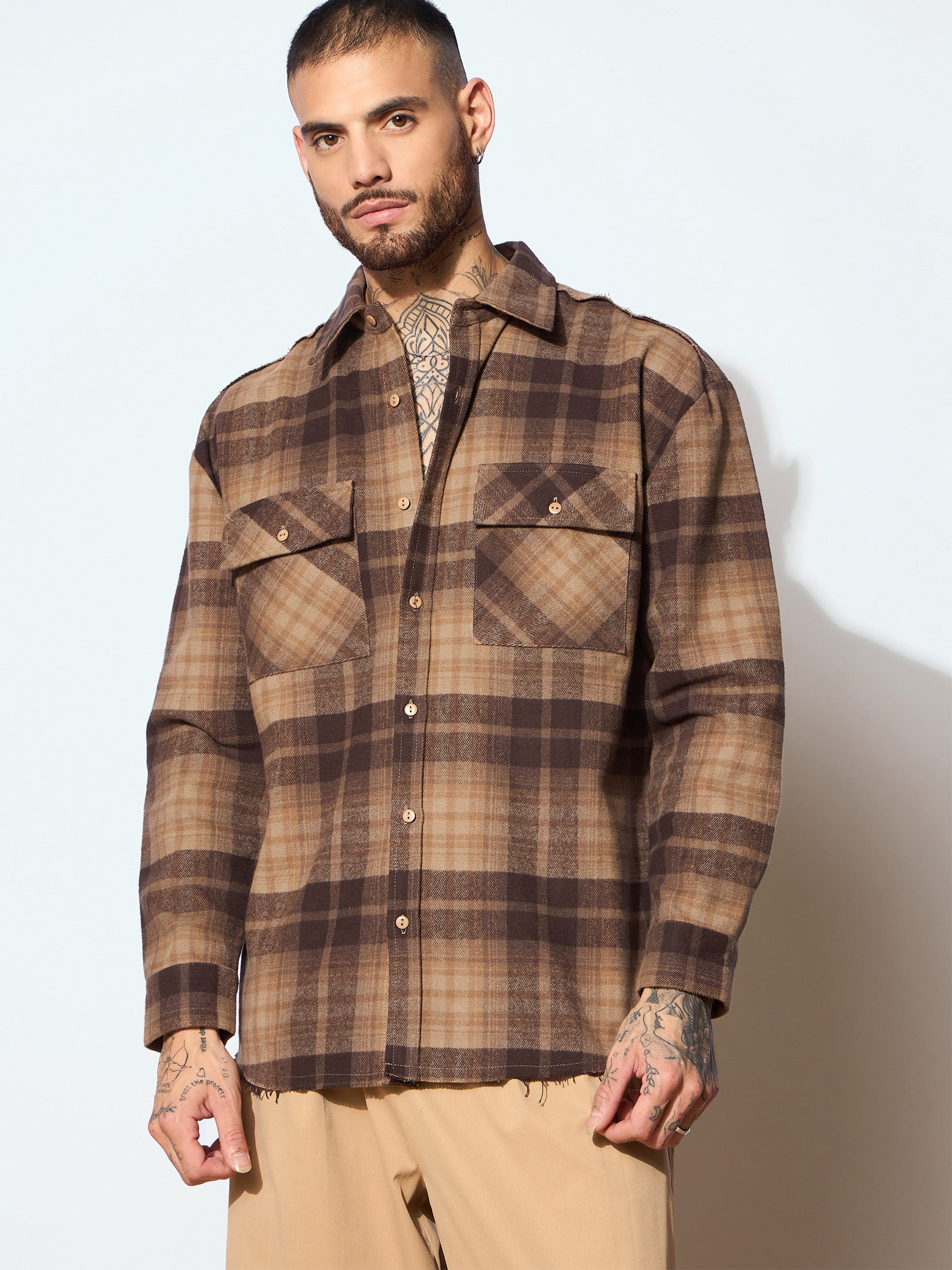 Men Beige & Brown Check Raw Edge Hem Oversize Shirt