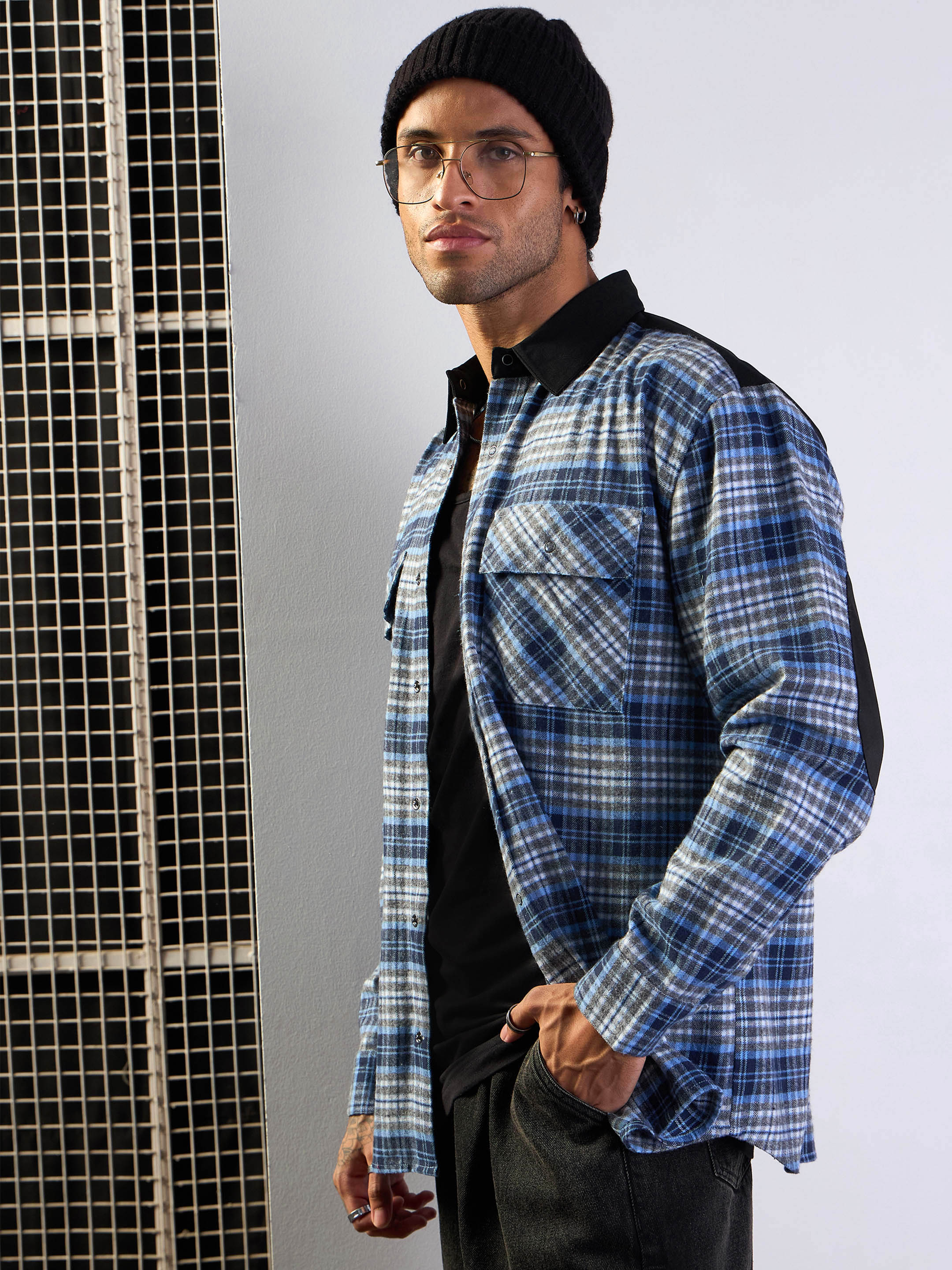 Men Grey & Blue Elbow Patch Oversize Check Shirt