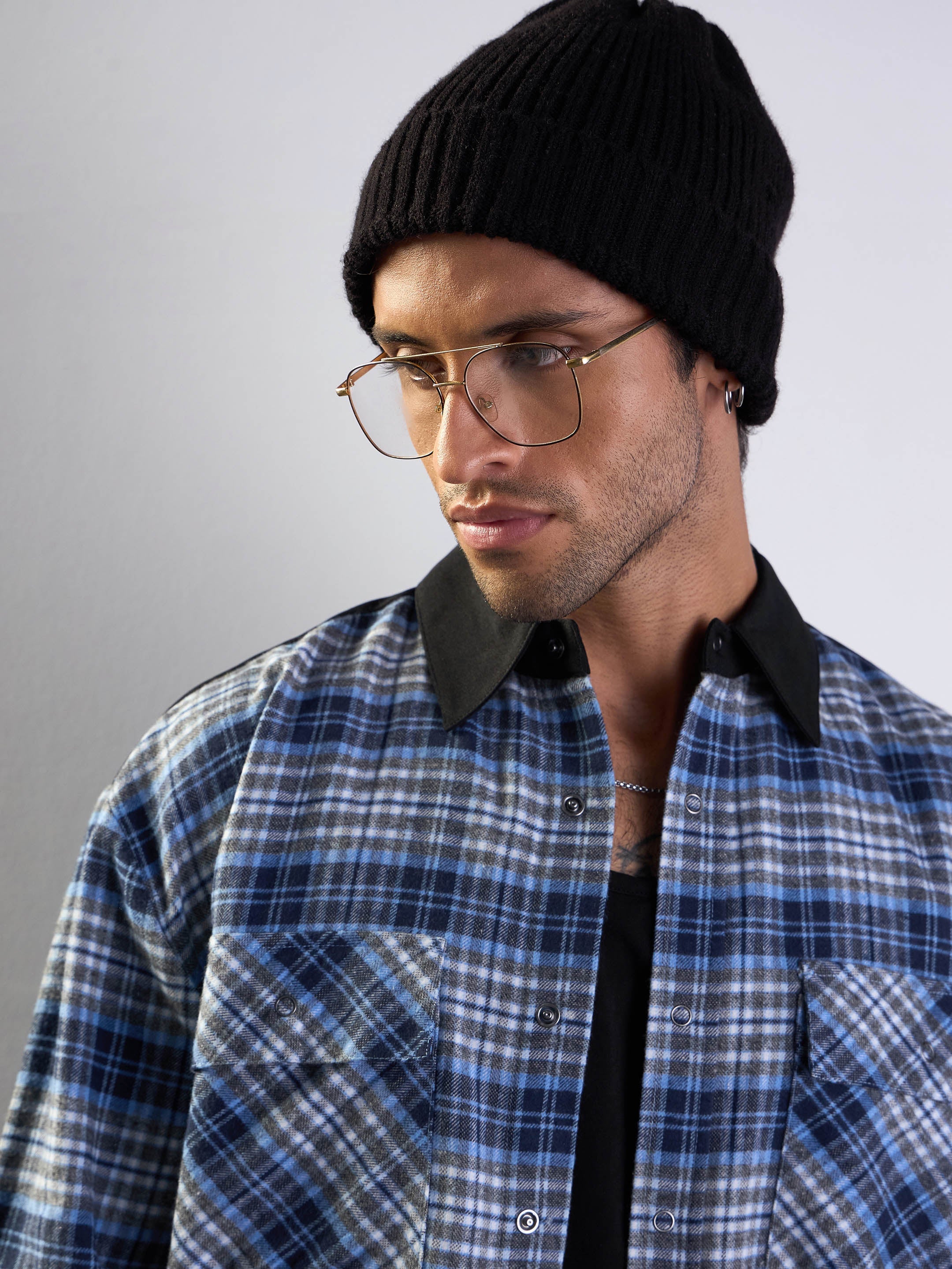 Men Grey & Blue Elbow Patch Oversize Check Shirt