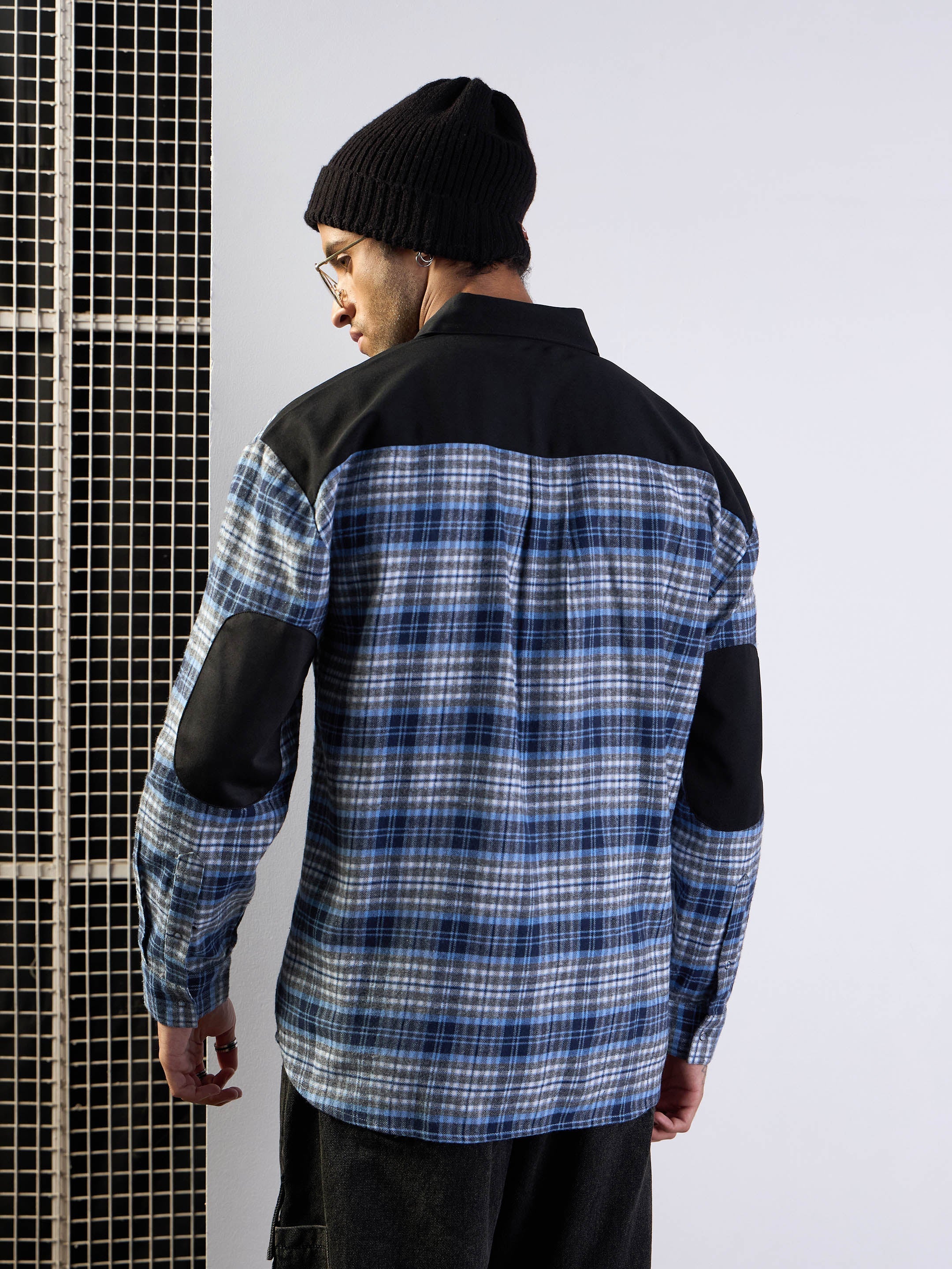 Men Grey & Blue Elbow Patch Oversize Check Shirt