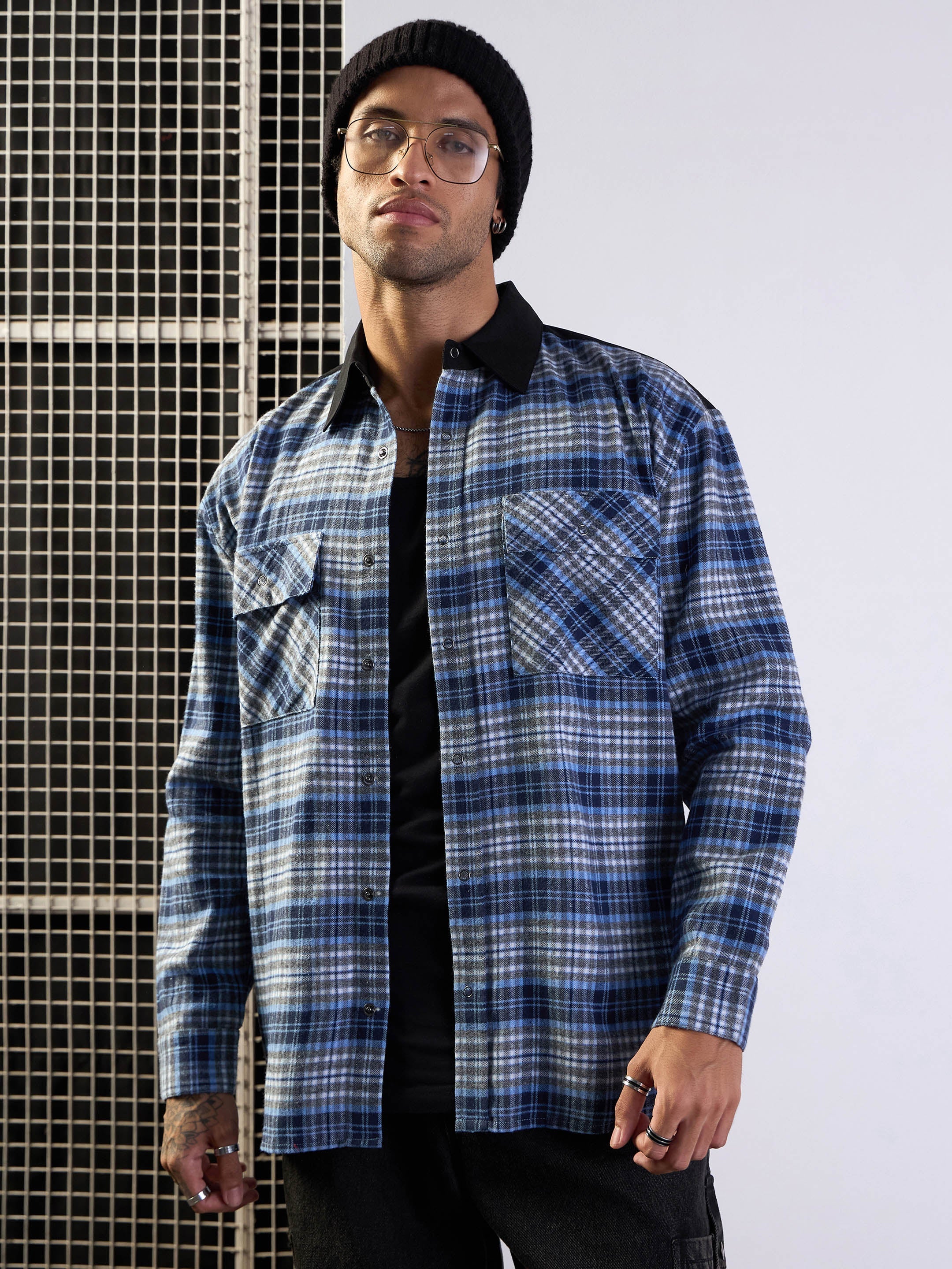 Men Grey & Blue Elbow Patch Oversize Check Shirt