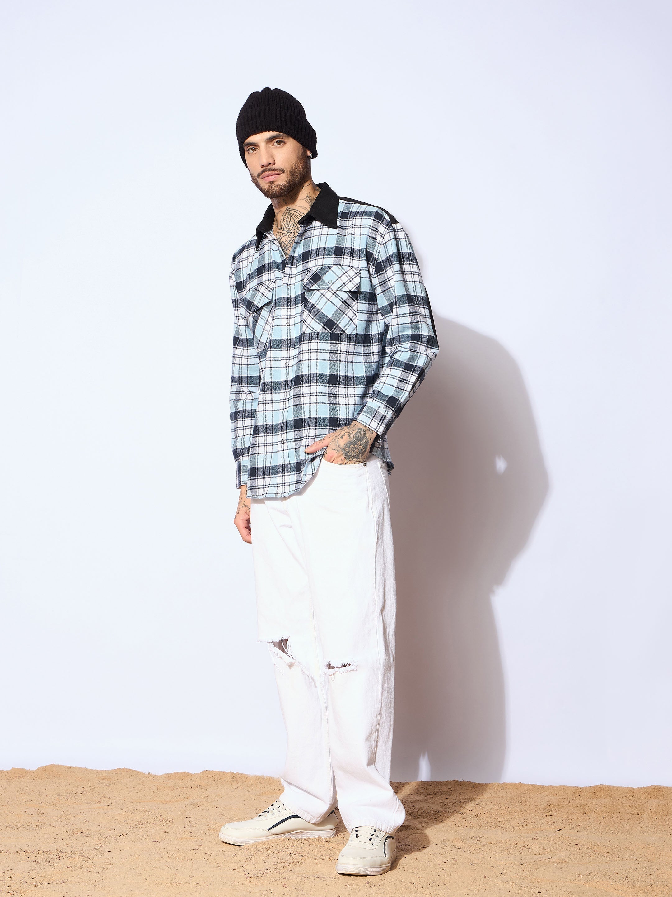 Men Blue & Navy Elbow Patch Oversize Check Shirt