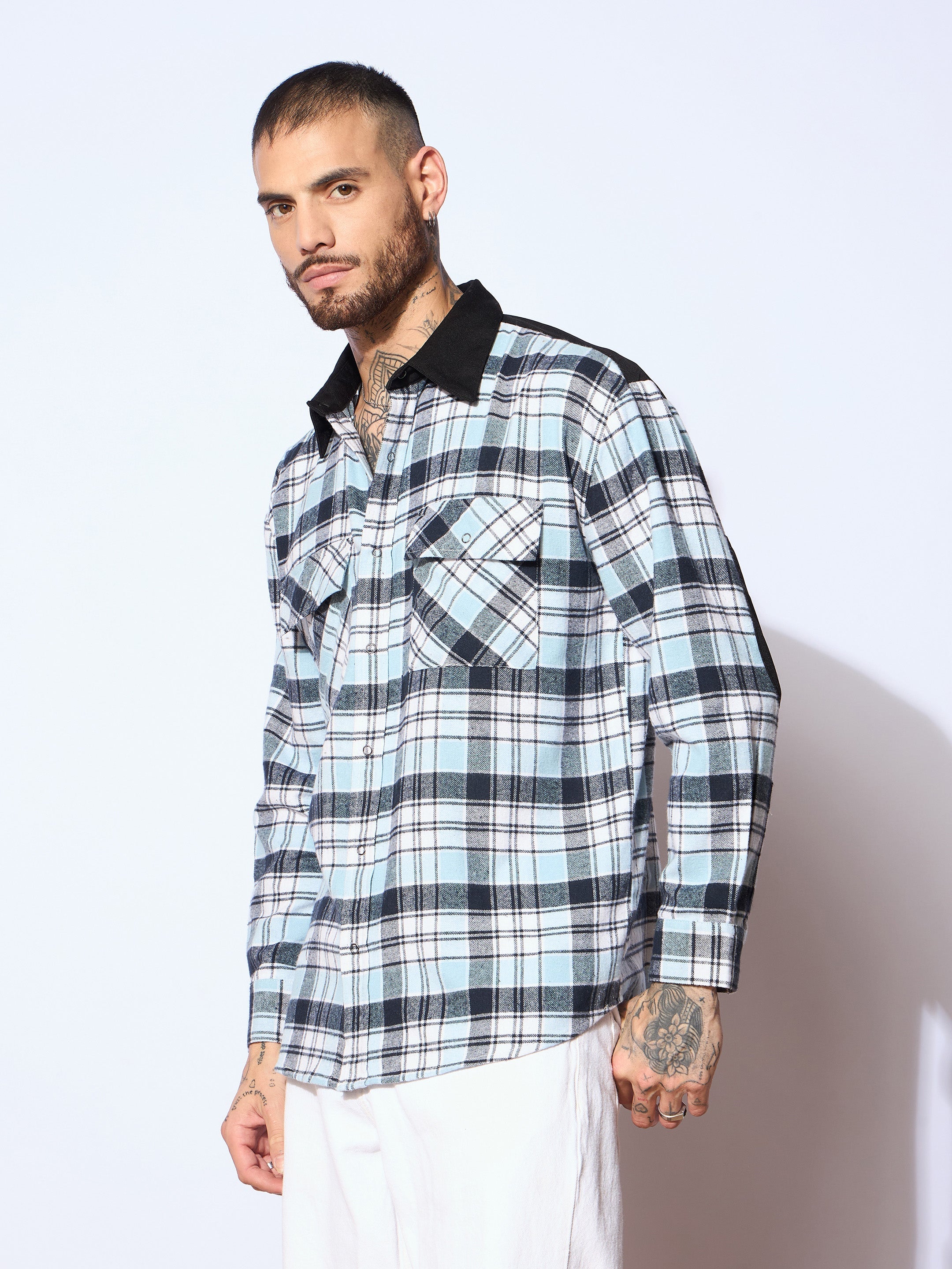 Men Blue & Navy Elbow Patch Oversize Check Shirt