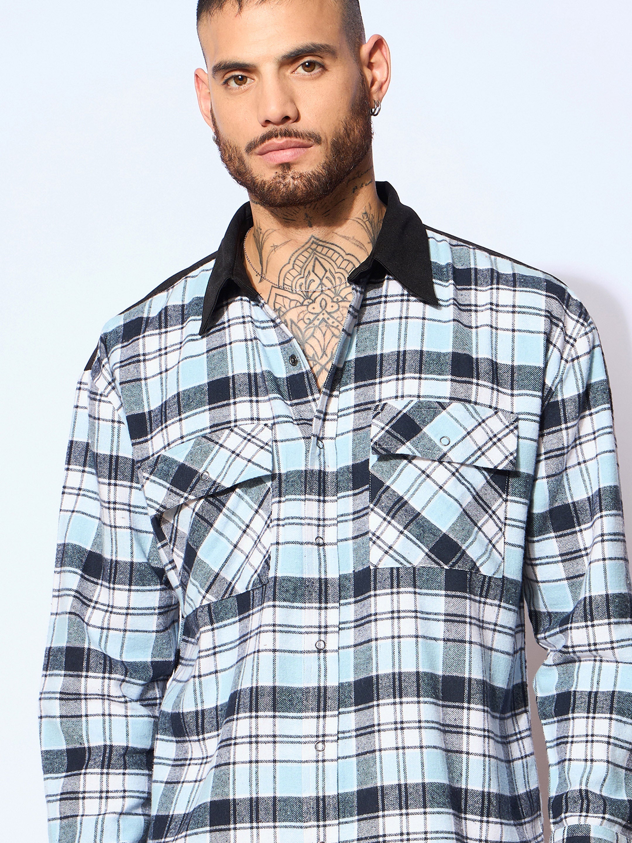 Men Blue & Navy Elbow Patch Oversize Check Shirt