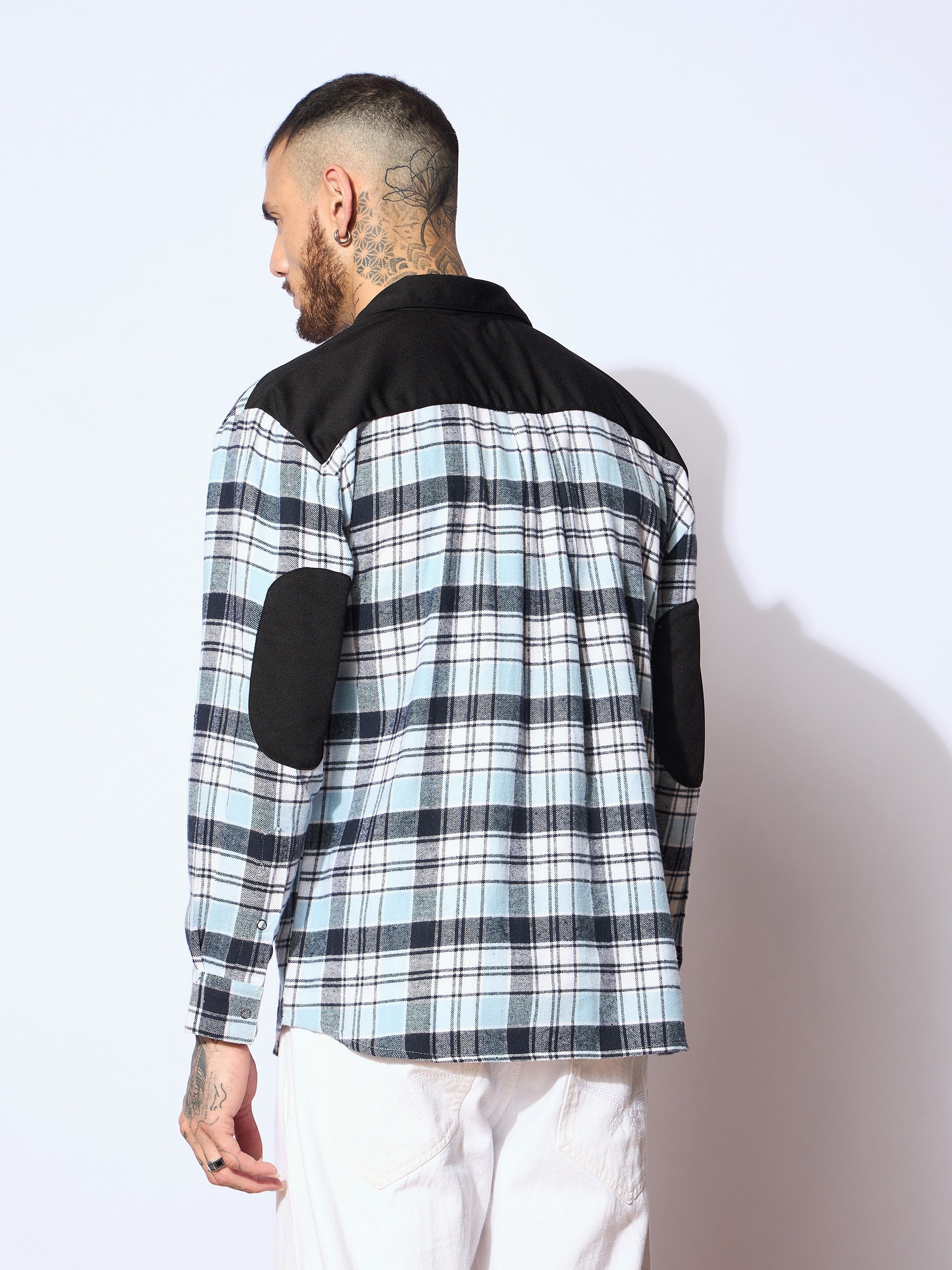 Men Blue & Navy Elbow Patch Oversize Check Shirt