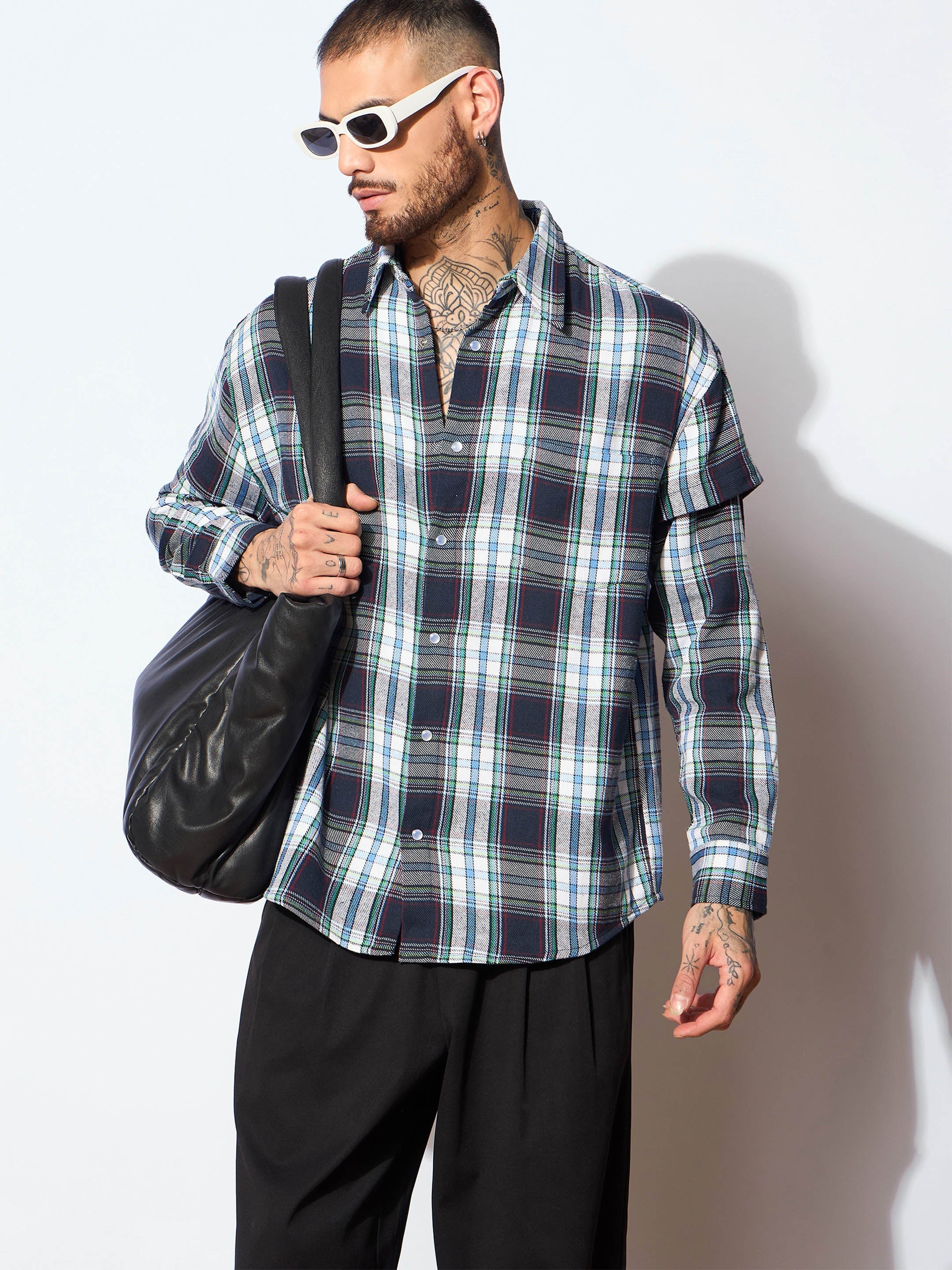 Men Blue & White Check Overlap Sleeves Oversize Shirt