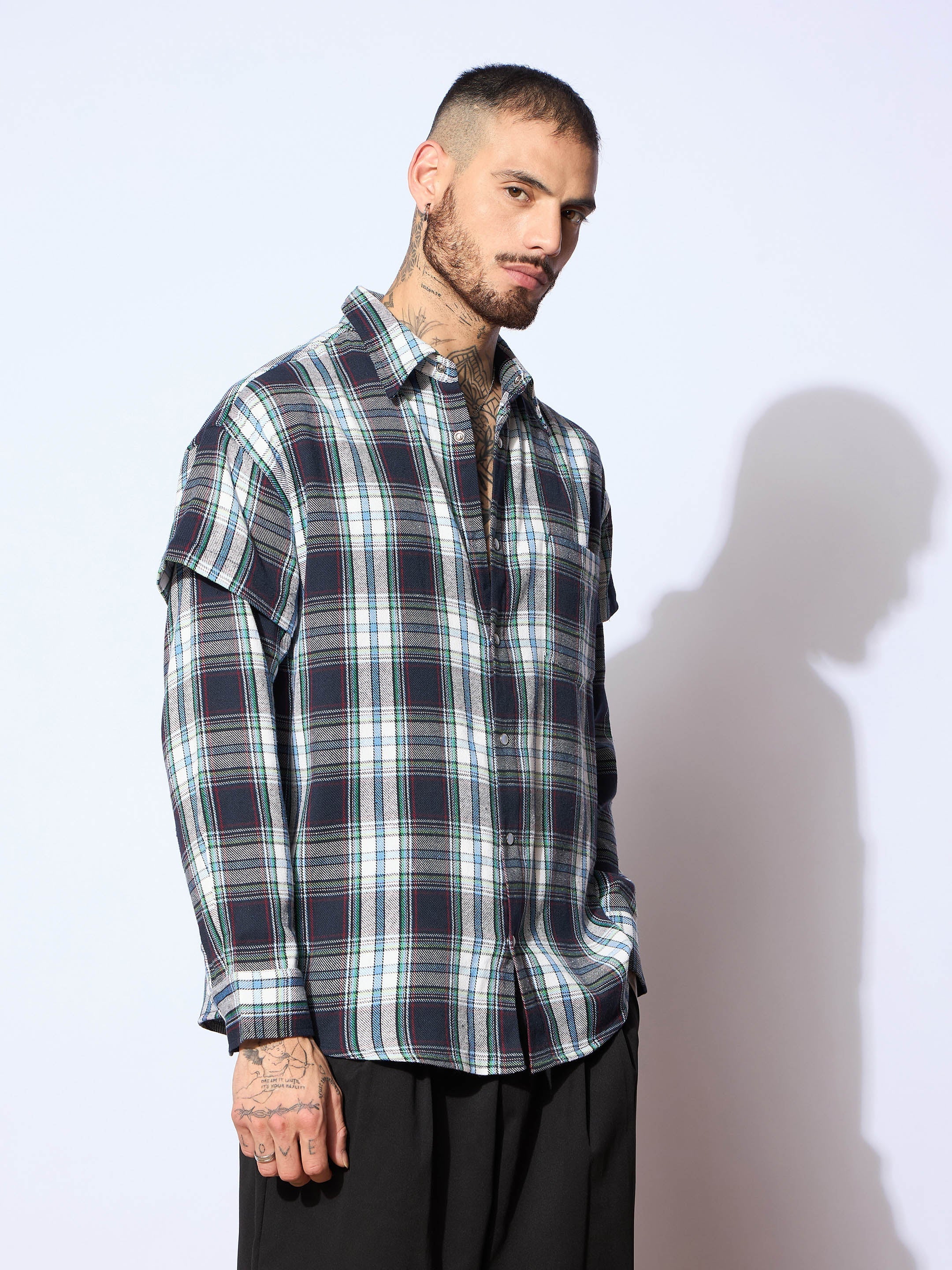 Men Blue & White Check Overlap Sleeves Oversize Shirt