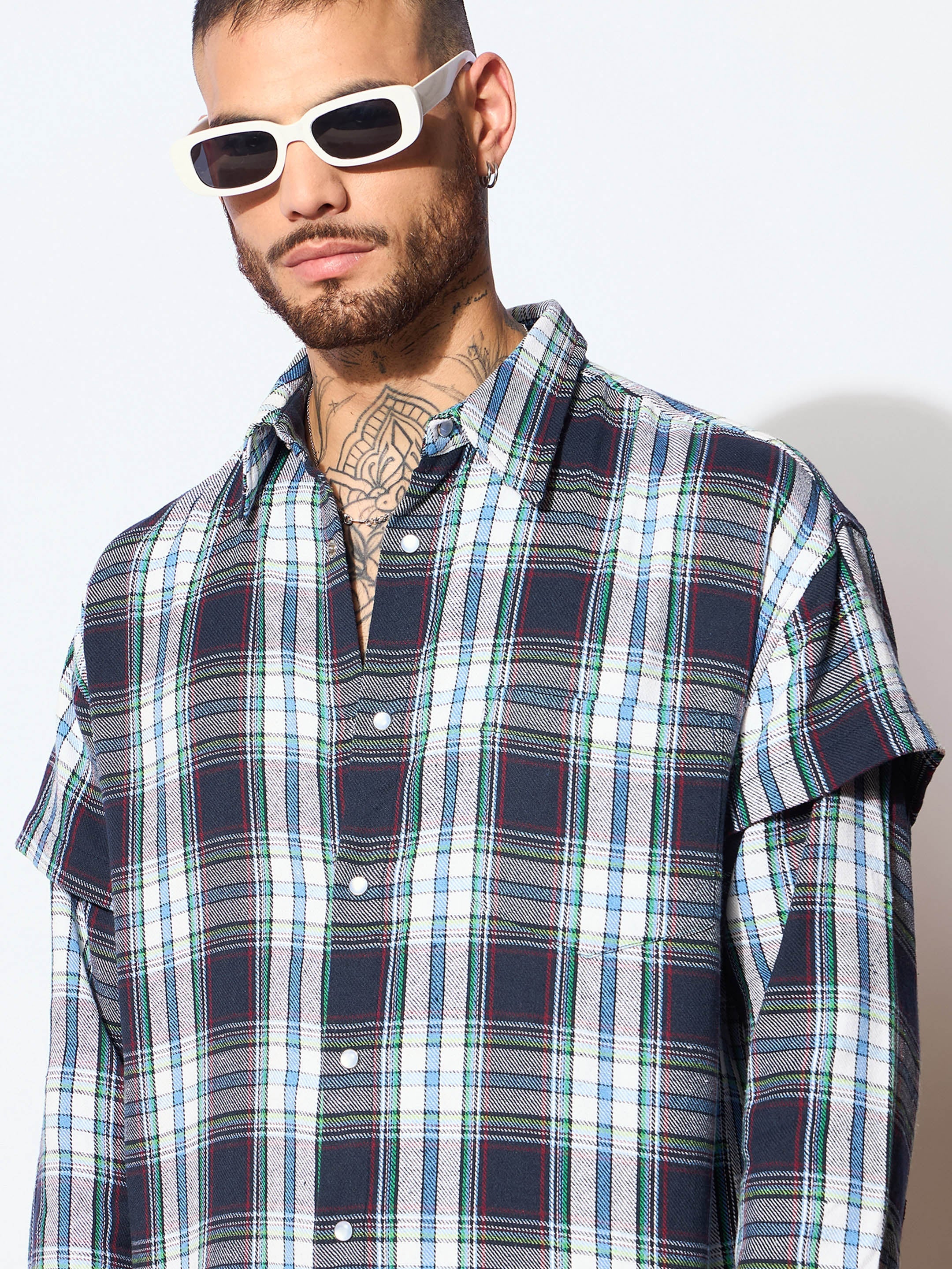 Men Blue & White Check Overlap Sleeves Oversize Shirt