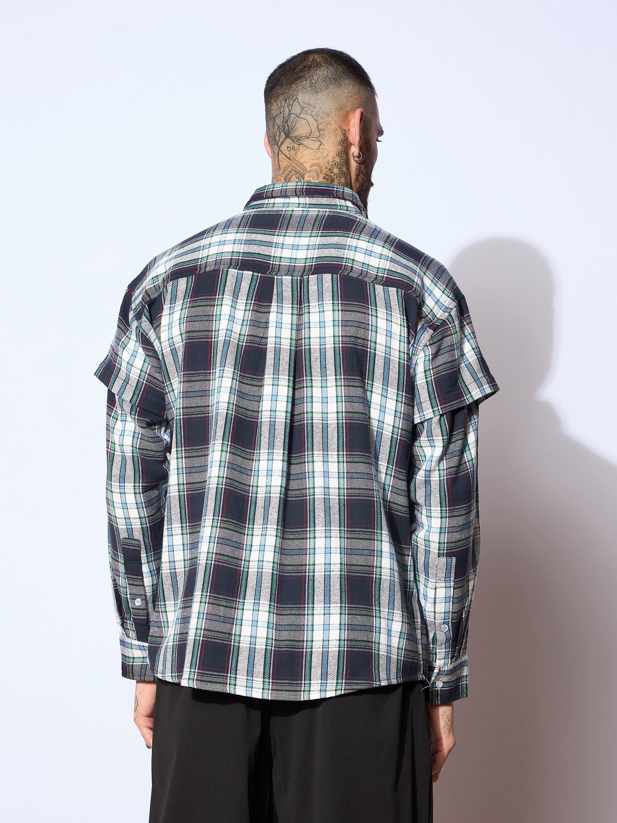 Men Blue & White Check Overlap Sleeves Oversize Shirt