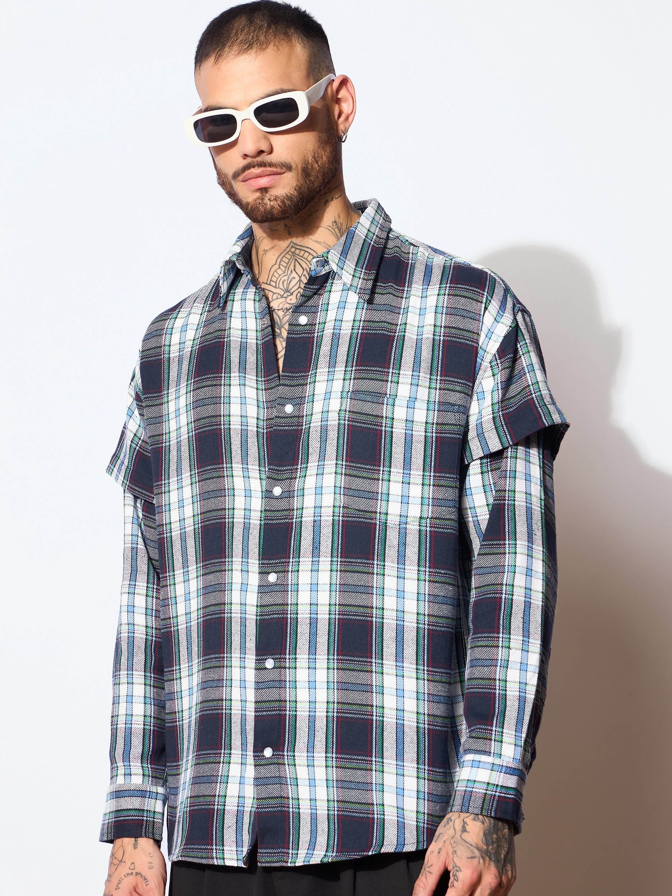 Men Blue & White Check Overlap Sleeves Oversize Shirt