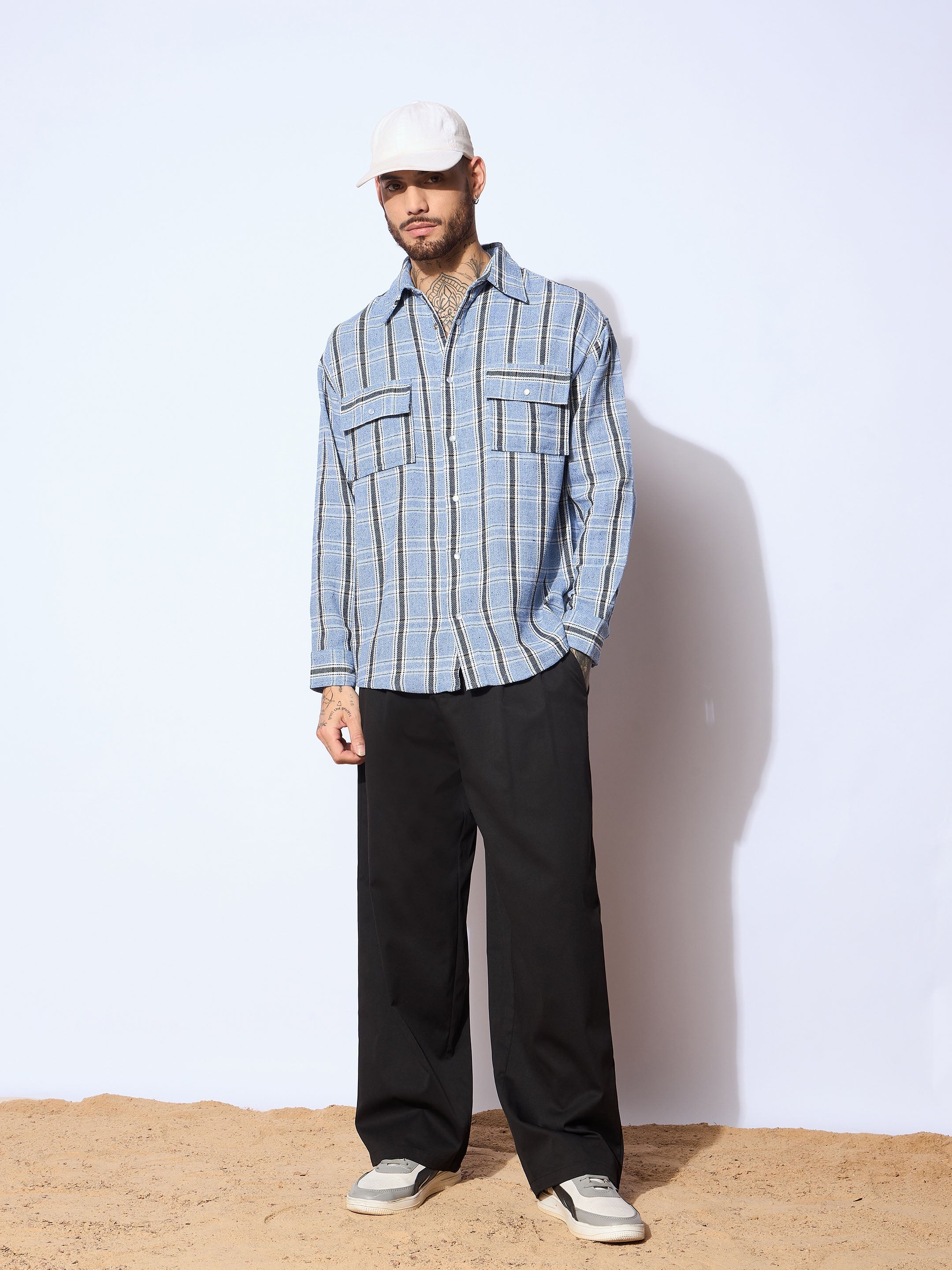 Men Blue & White Check Flap Pocket Oversize Shirt