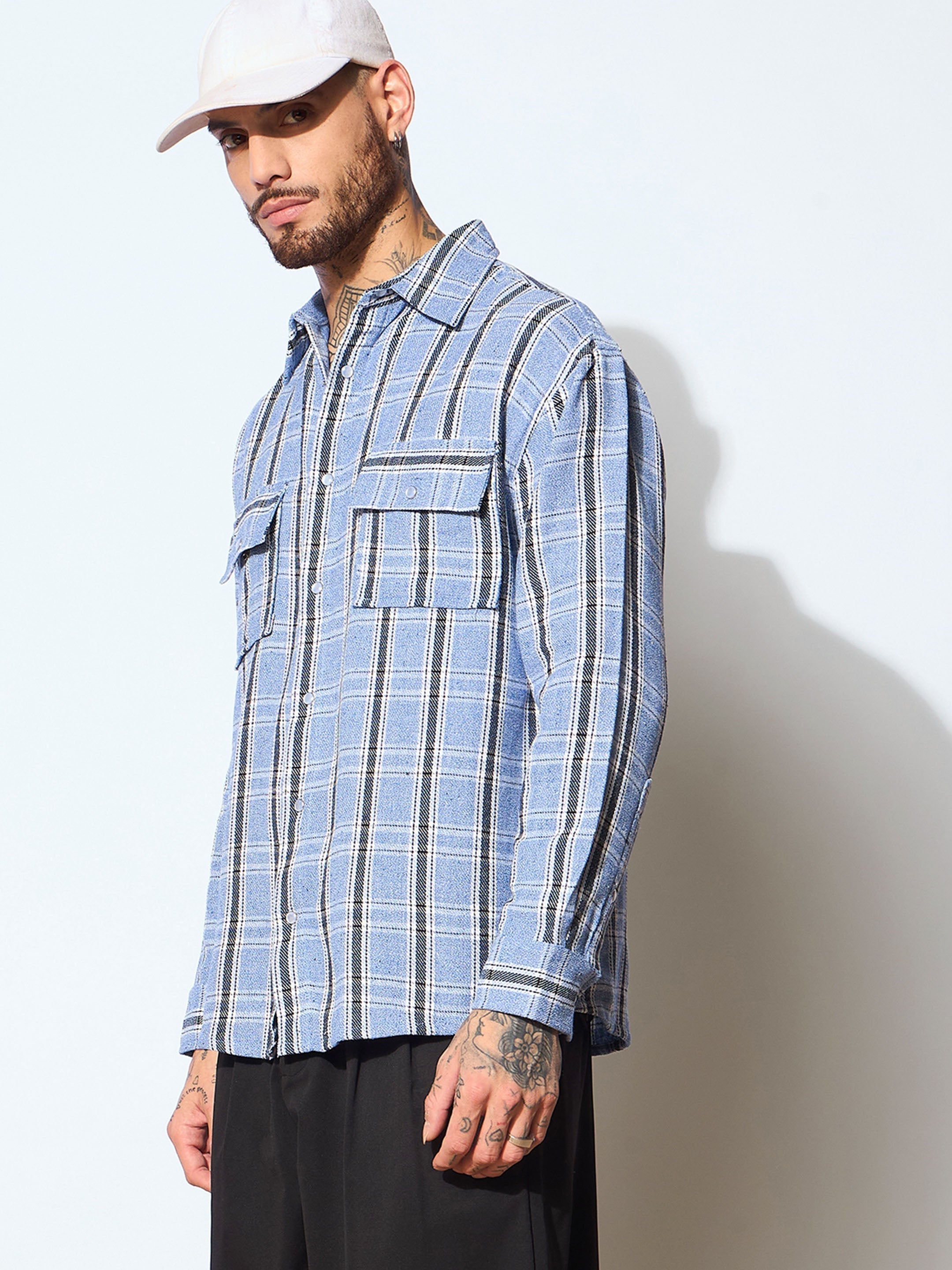 Men Blue & White Check Flap Pocket Oversize Shirt