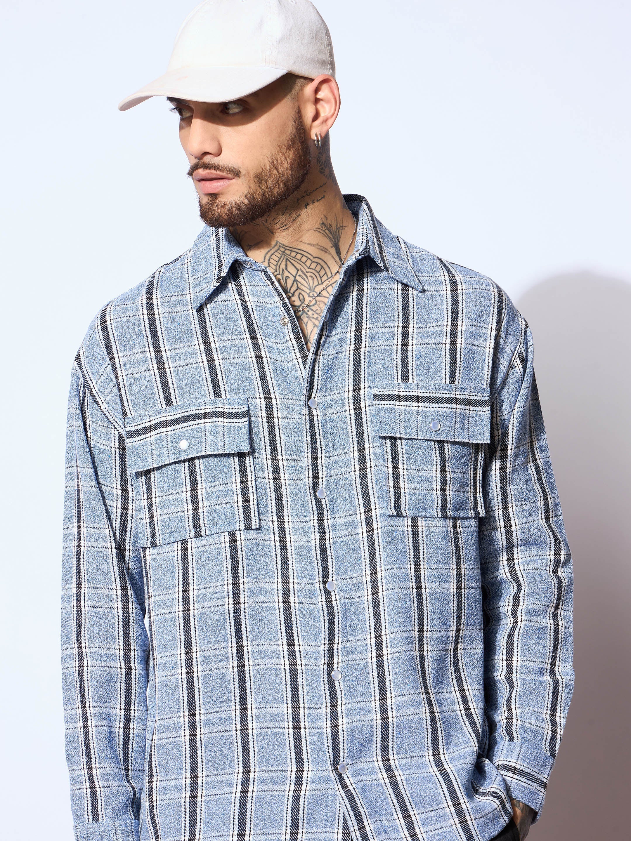 Men Blue & White Check Flap Pocket Oversize Shirt