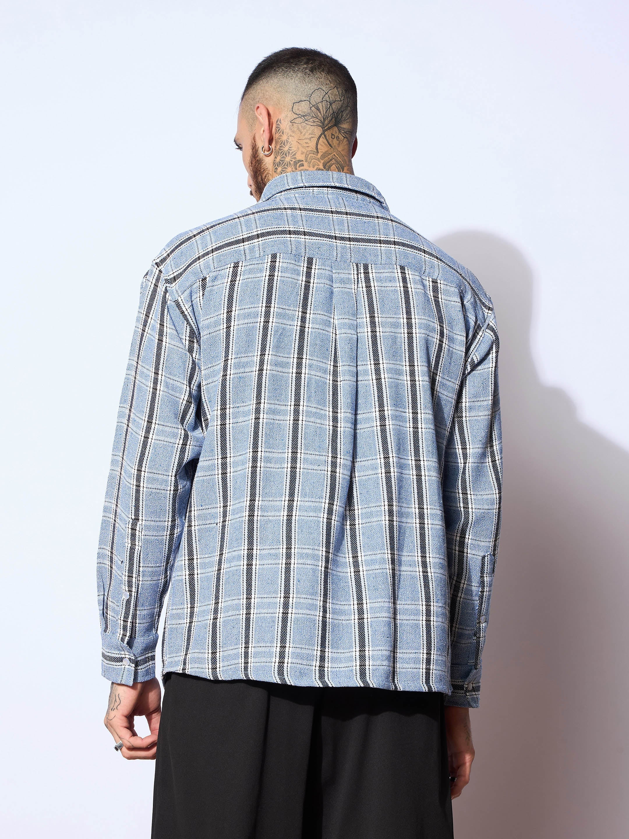 Men Blue & White Check Flap Pocket Oversize Shirt