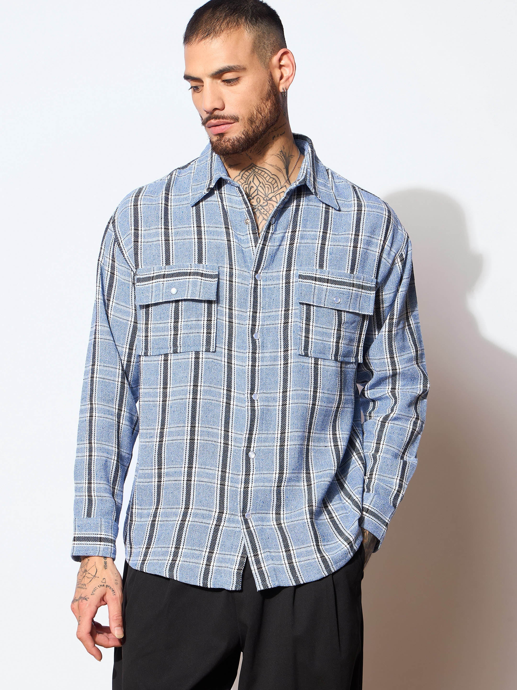 Men Blue & White Check Flap Pocket Oversize Shirt