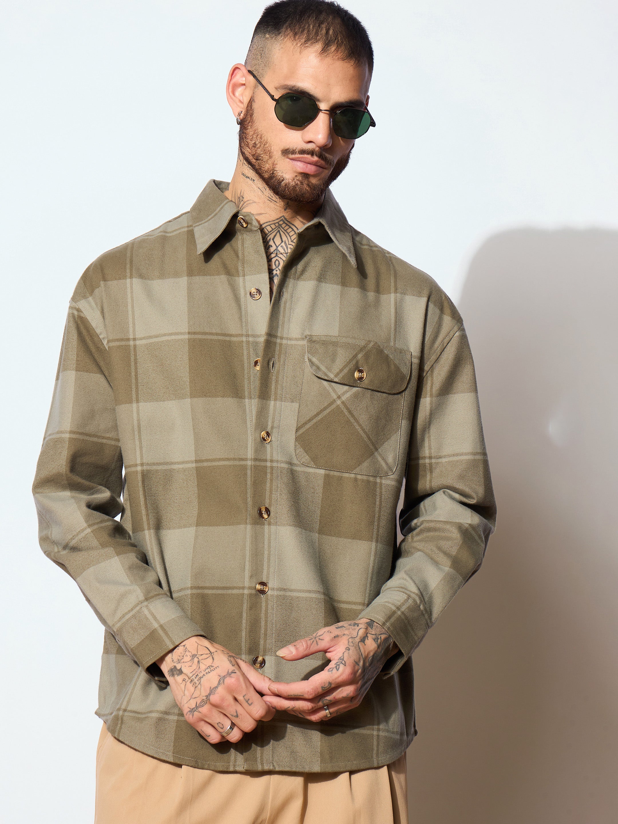 Men Olive Check Oversize Shirt