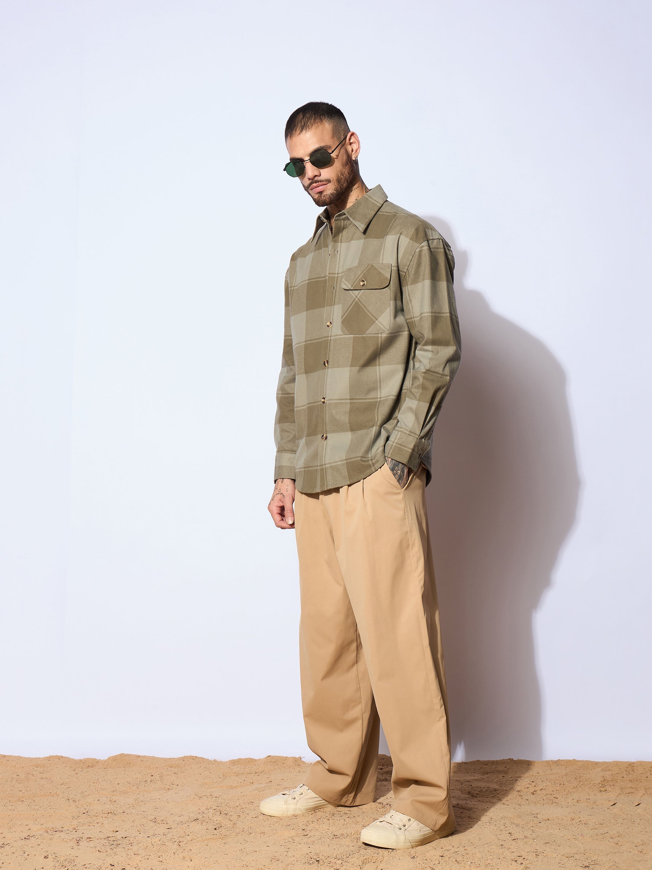 Men Olive Check Oversize Shirt