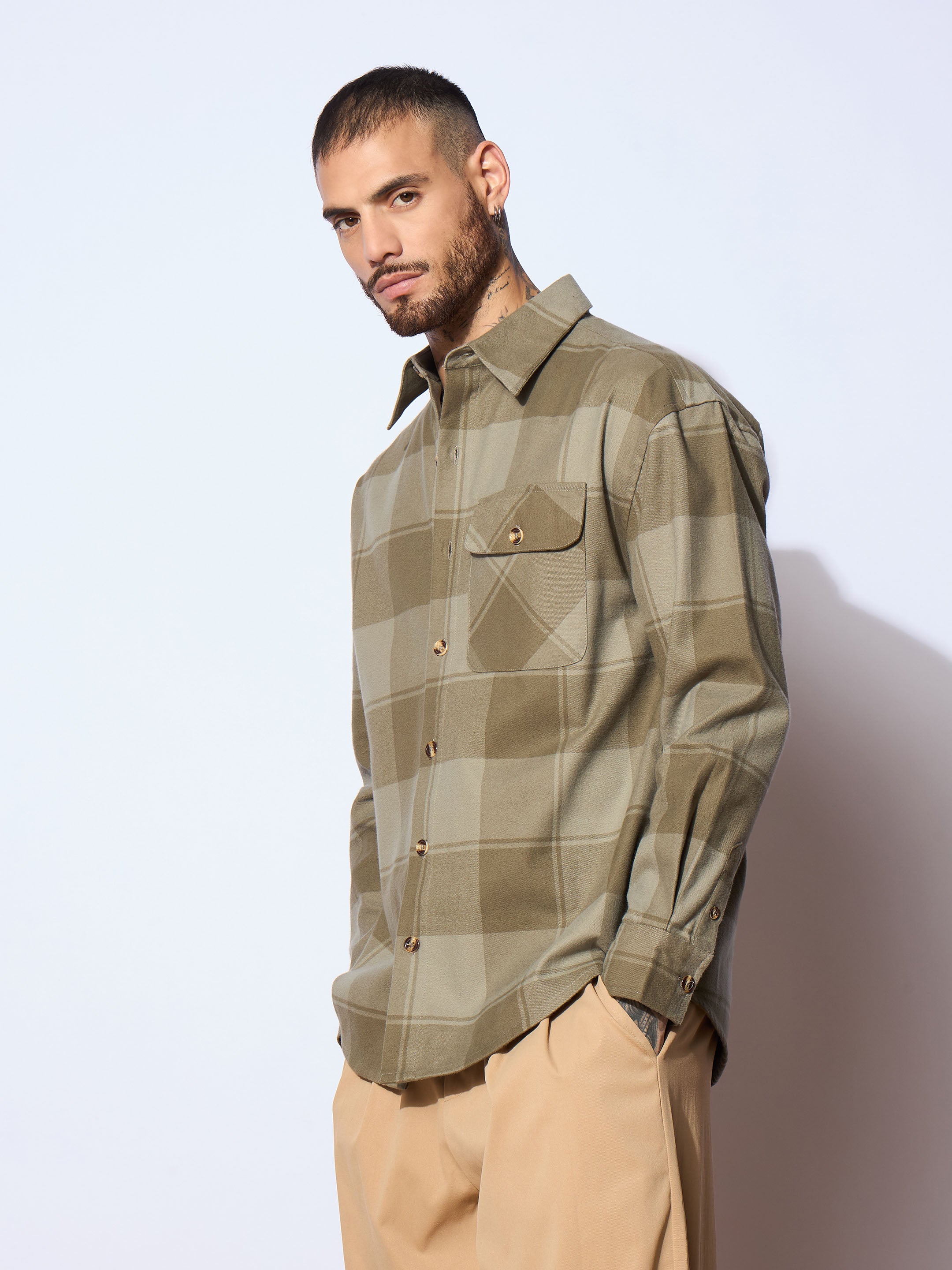 Men Olive Check Oversize Shirt