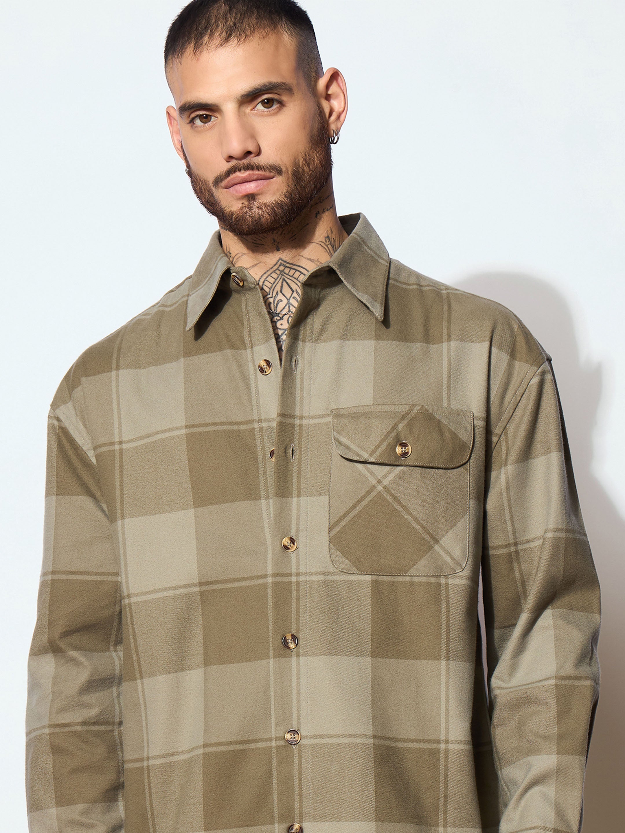 Men Olive Check Oversize Shirt