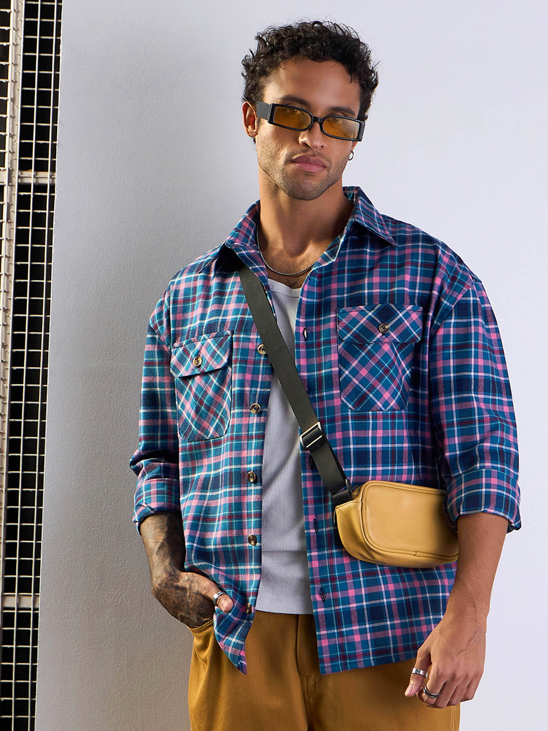 Men Blue & Pink Check Flap Pocket Oversize Shirt