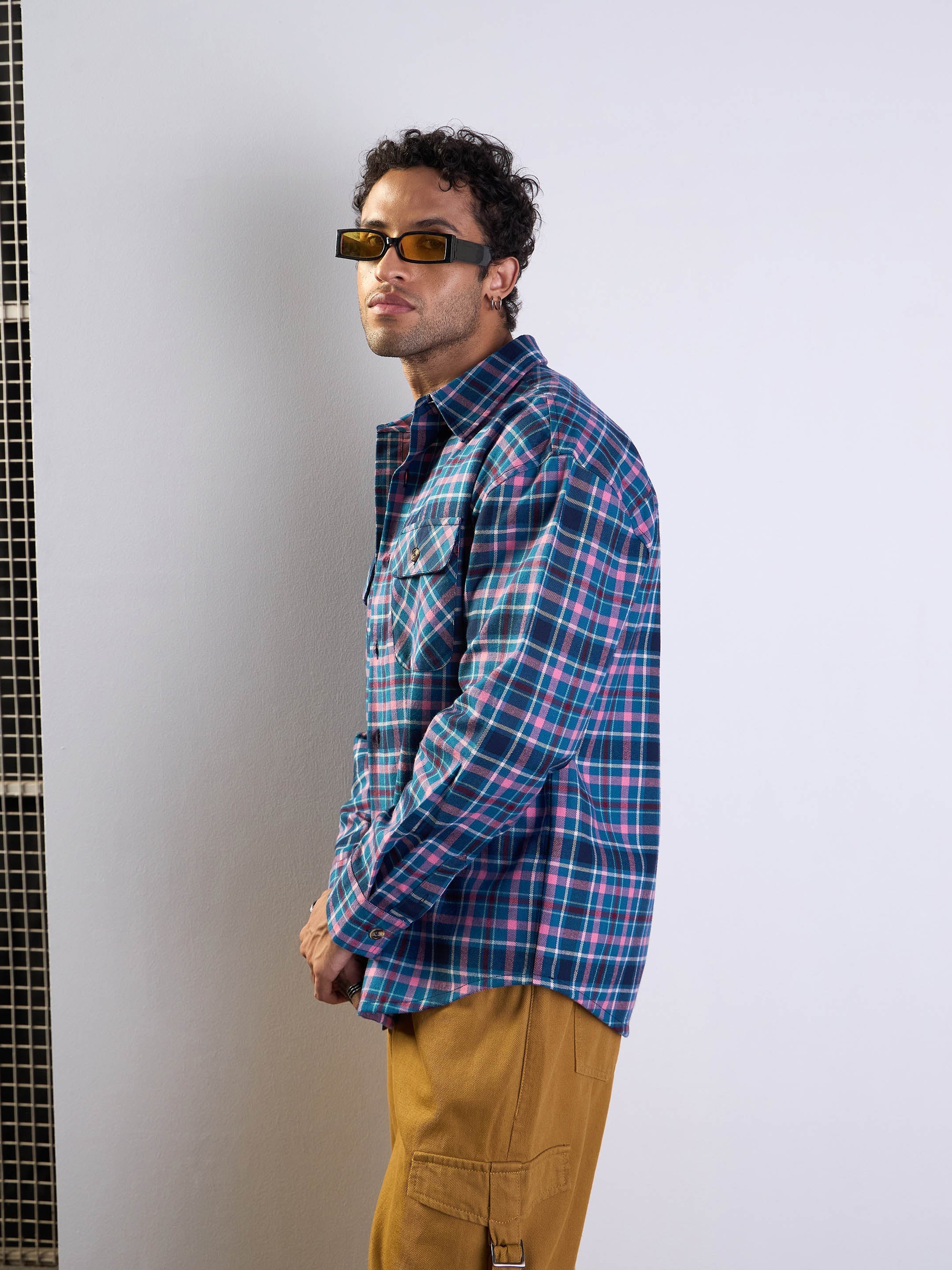 Men Blue & Pink Check Flap Pocket Oversize Shirt