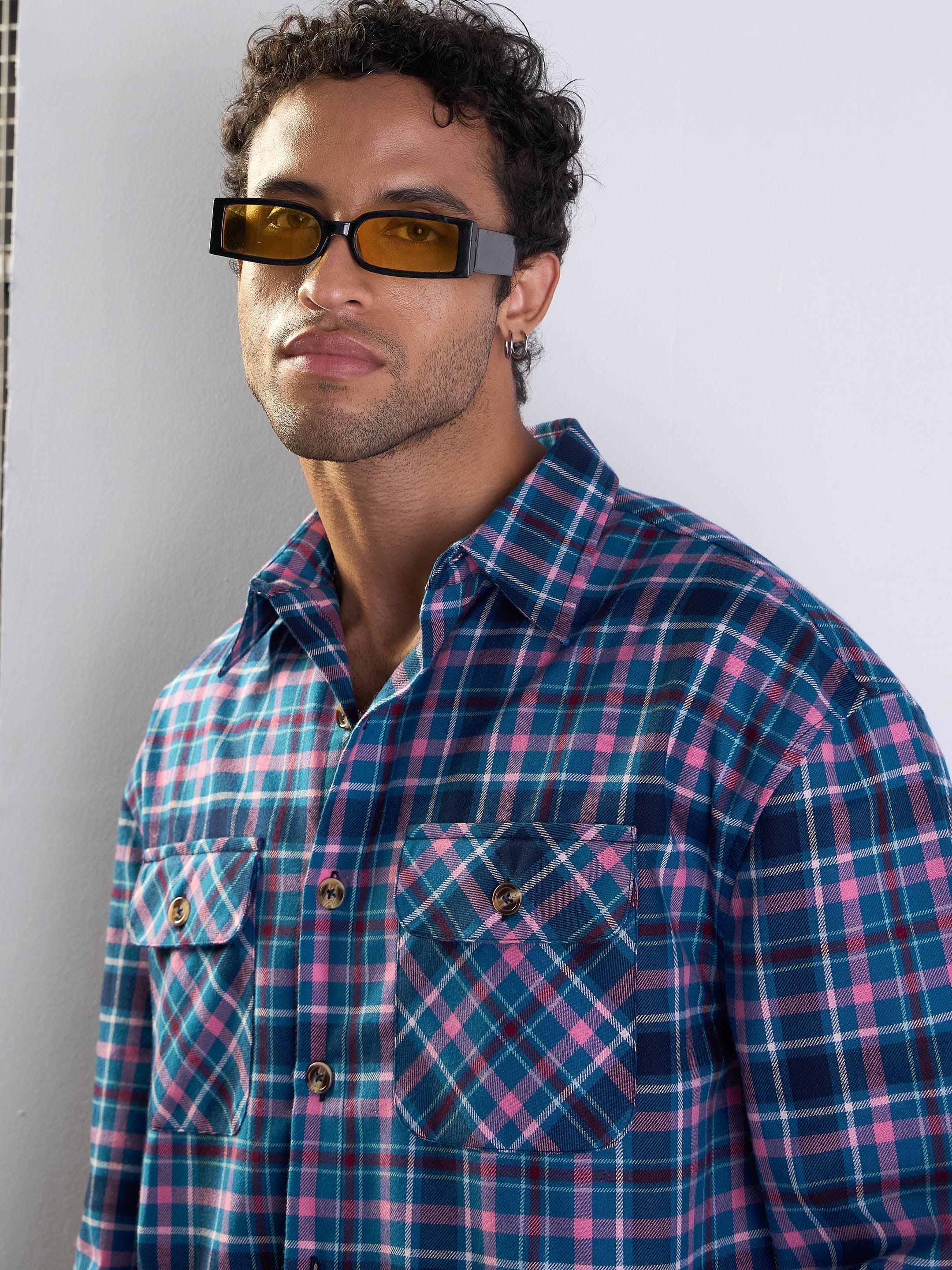 Men Blue & Pink Check Flap Pocket Oversize Shirt