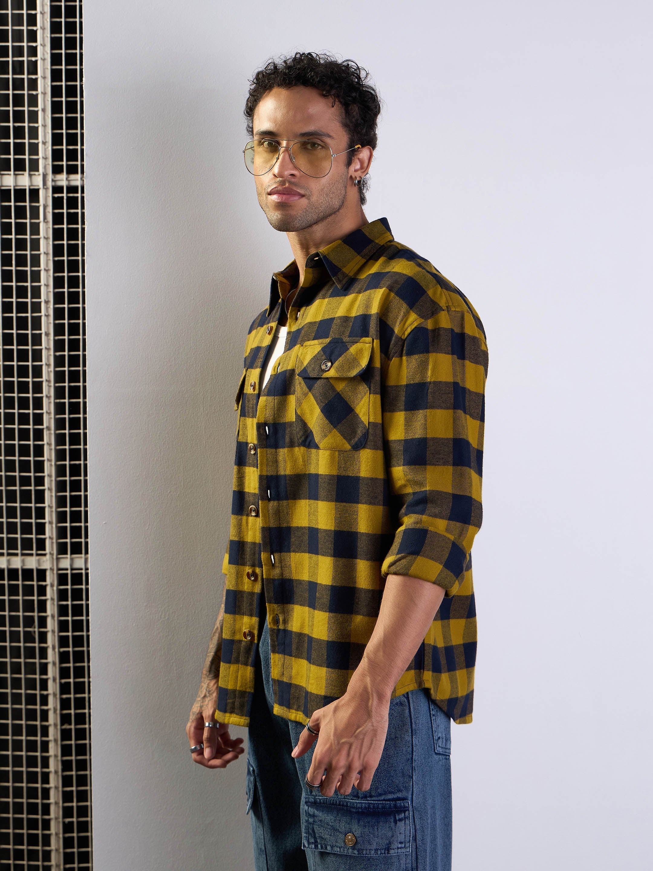 Men Mustard & Navy Check Flap Pocket Oversize Shirt