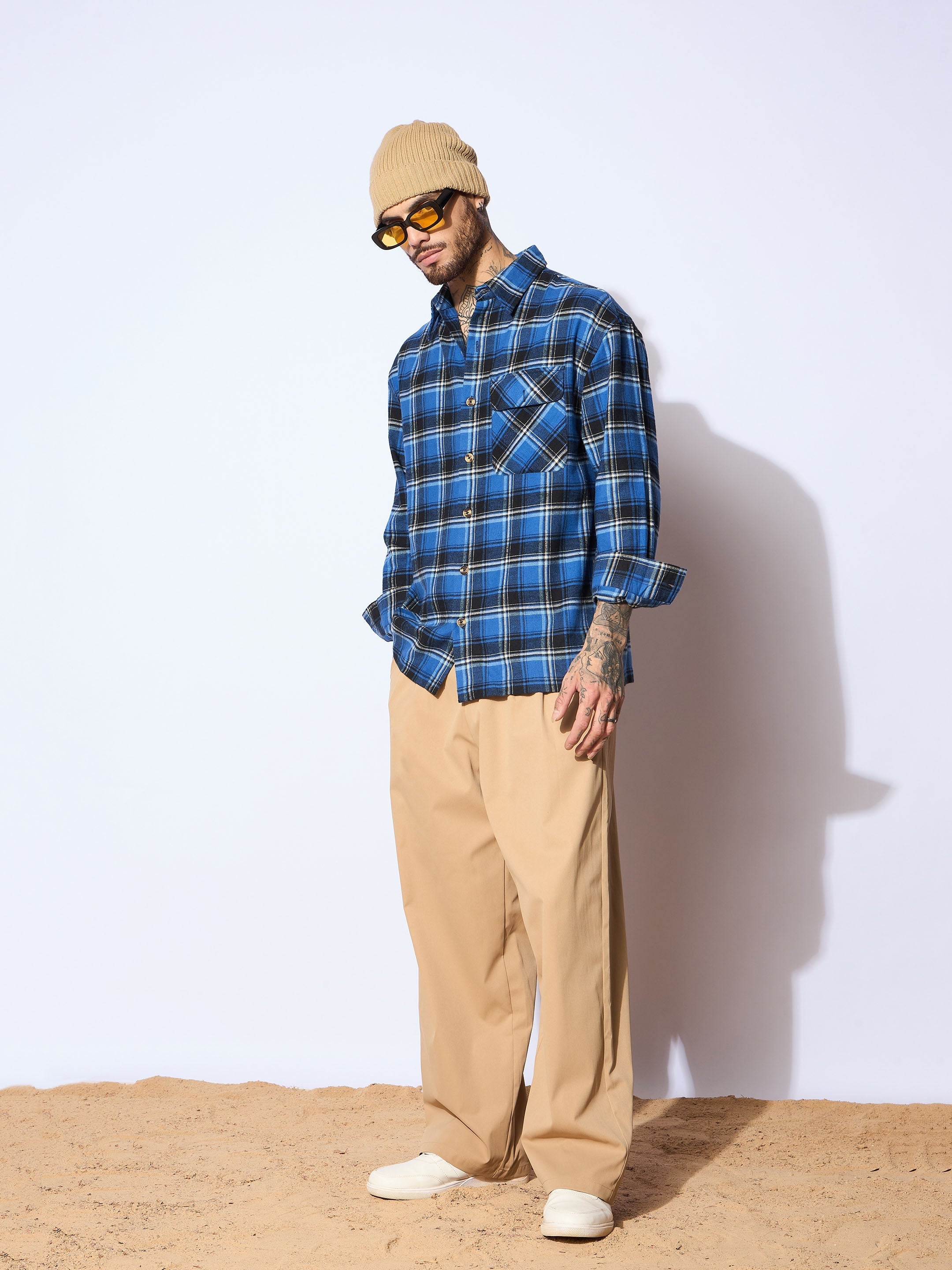 Men Blue & Black Check Oversize Shirt