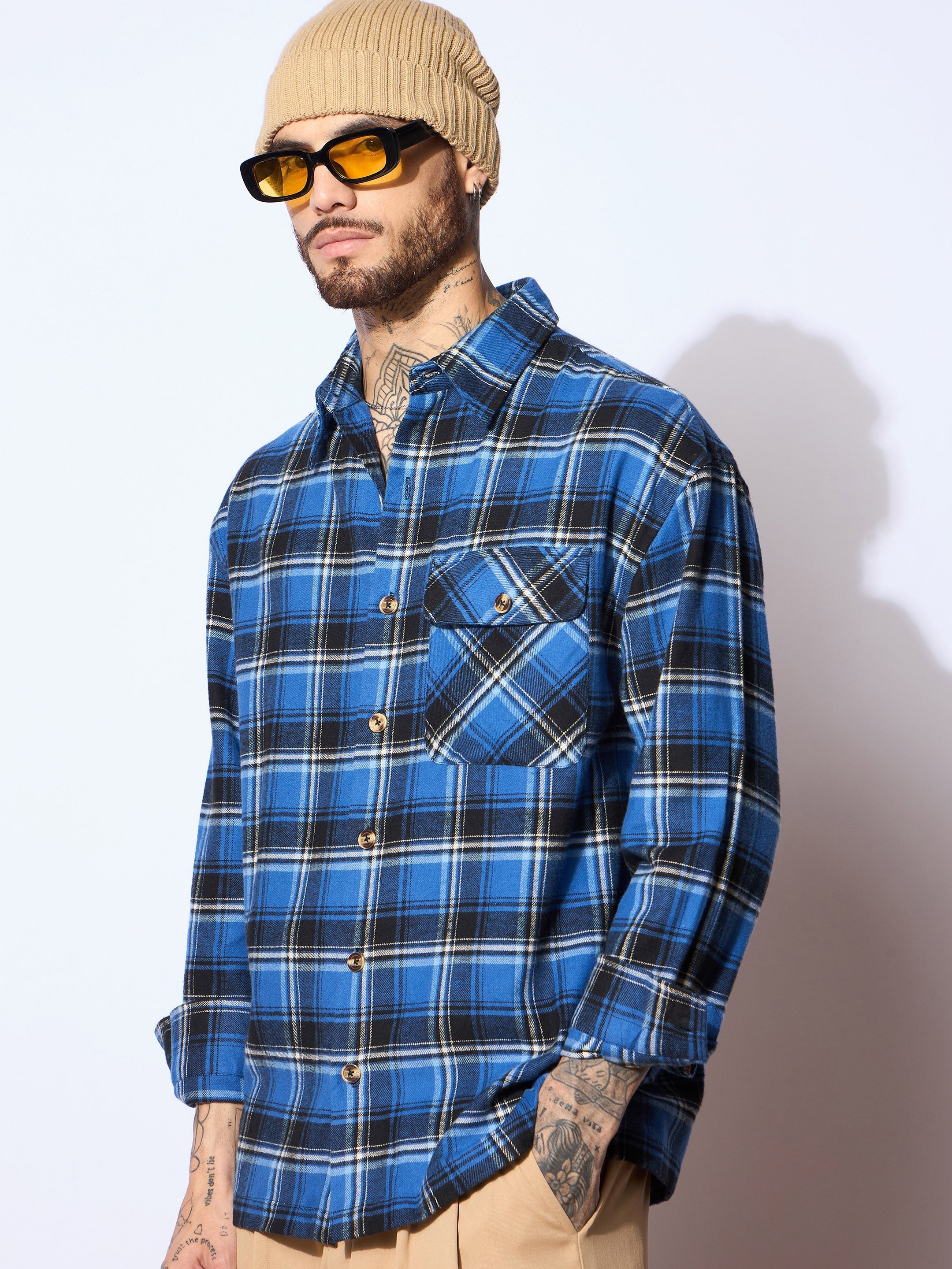 Men Blue & Black Check Oversize Shirt