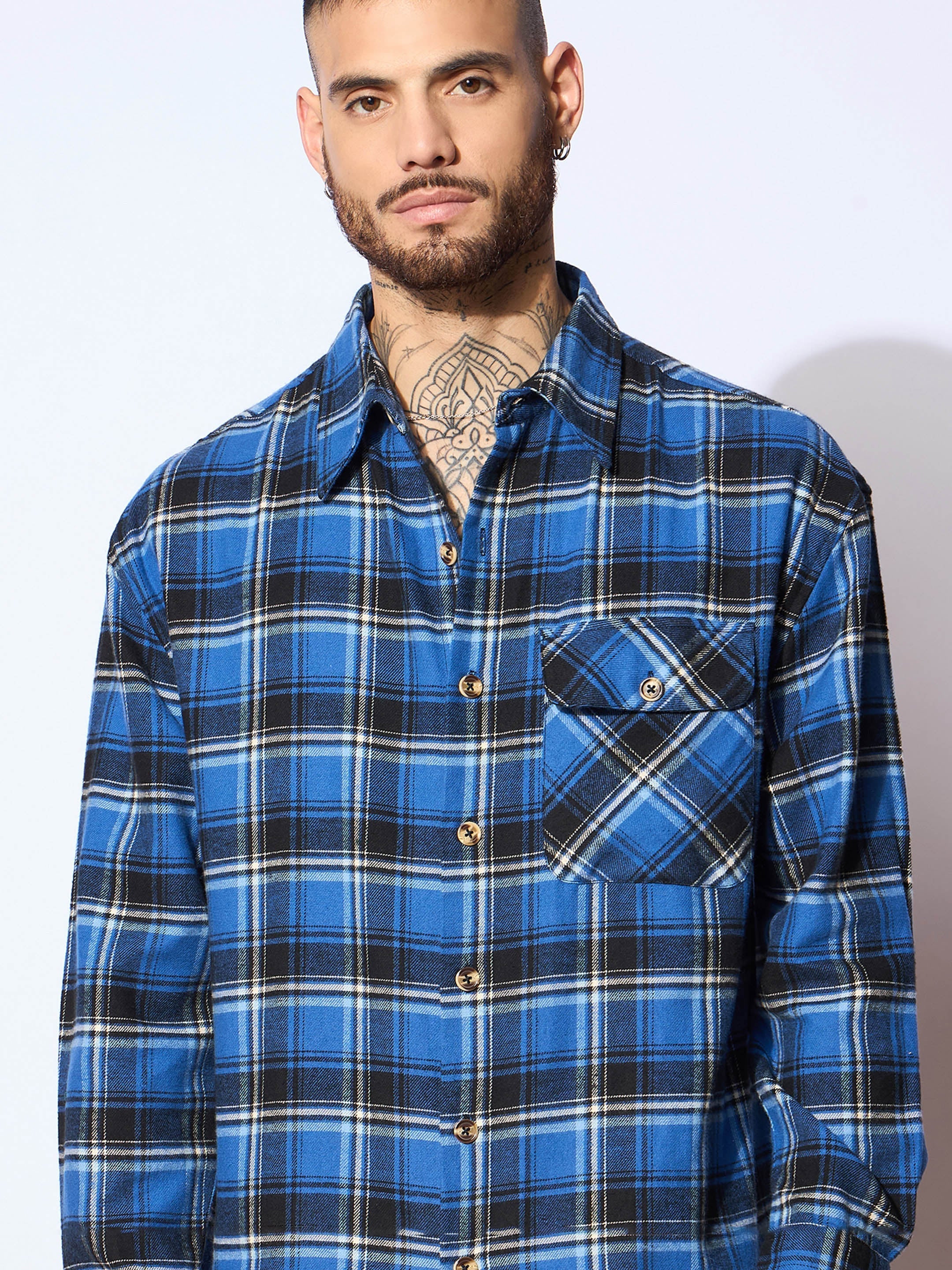 Men Blue & Black Check Oversize Shirt