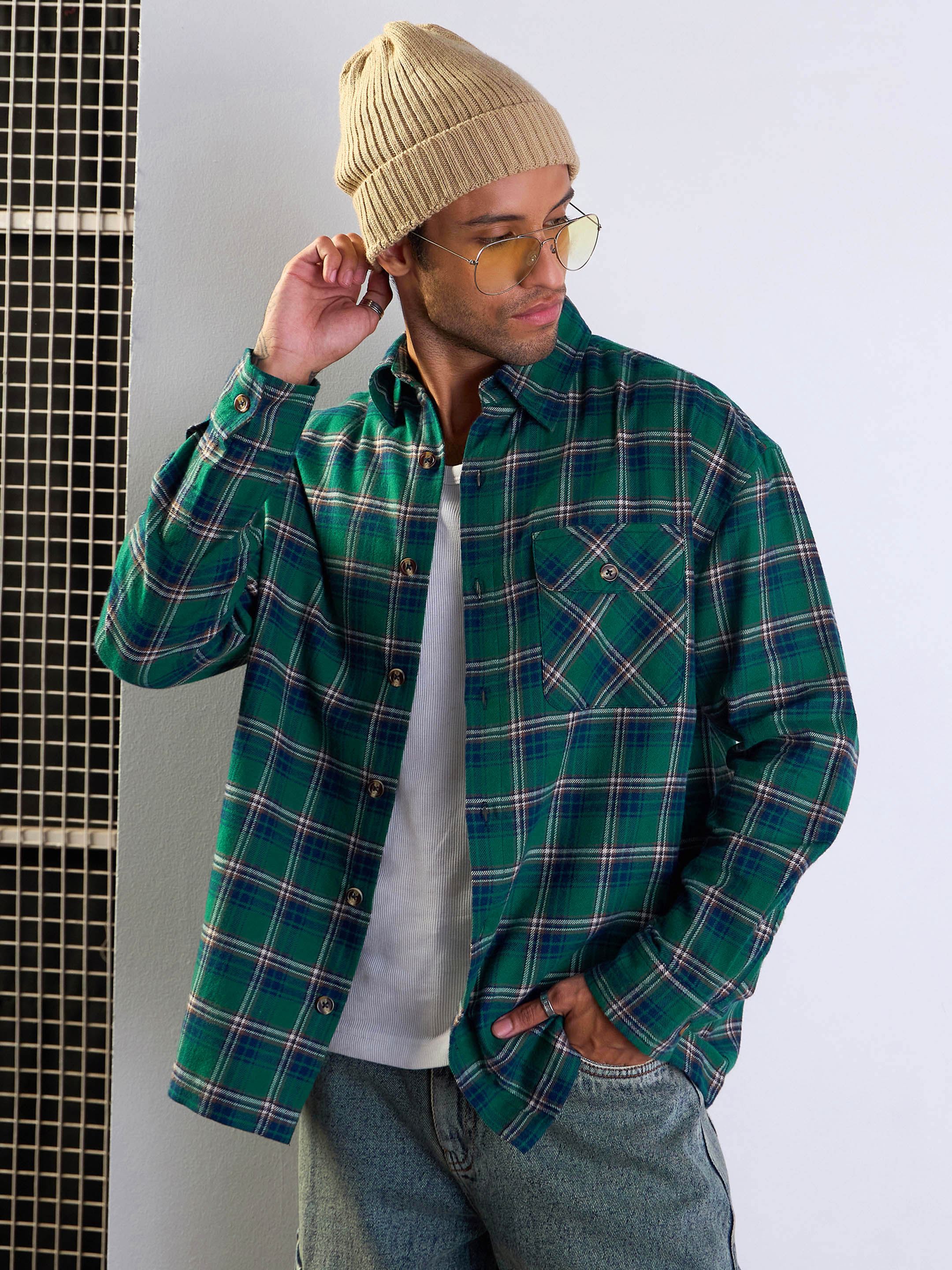 Men Green & Blue Check Oversize Shirt