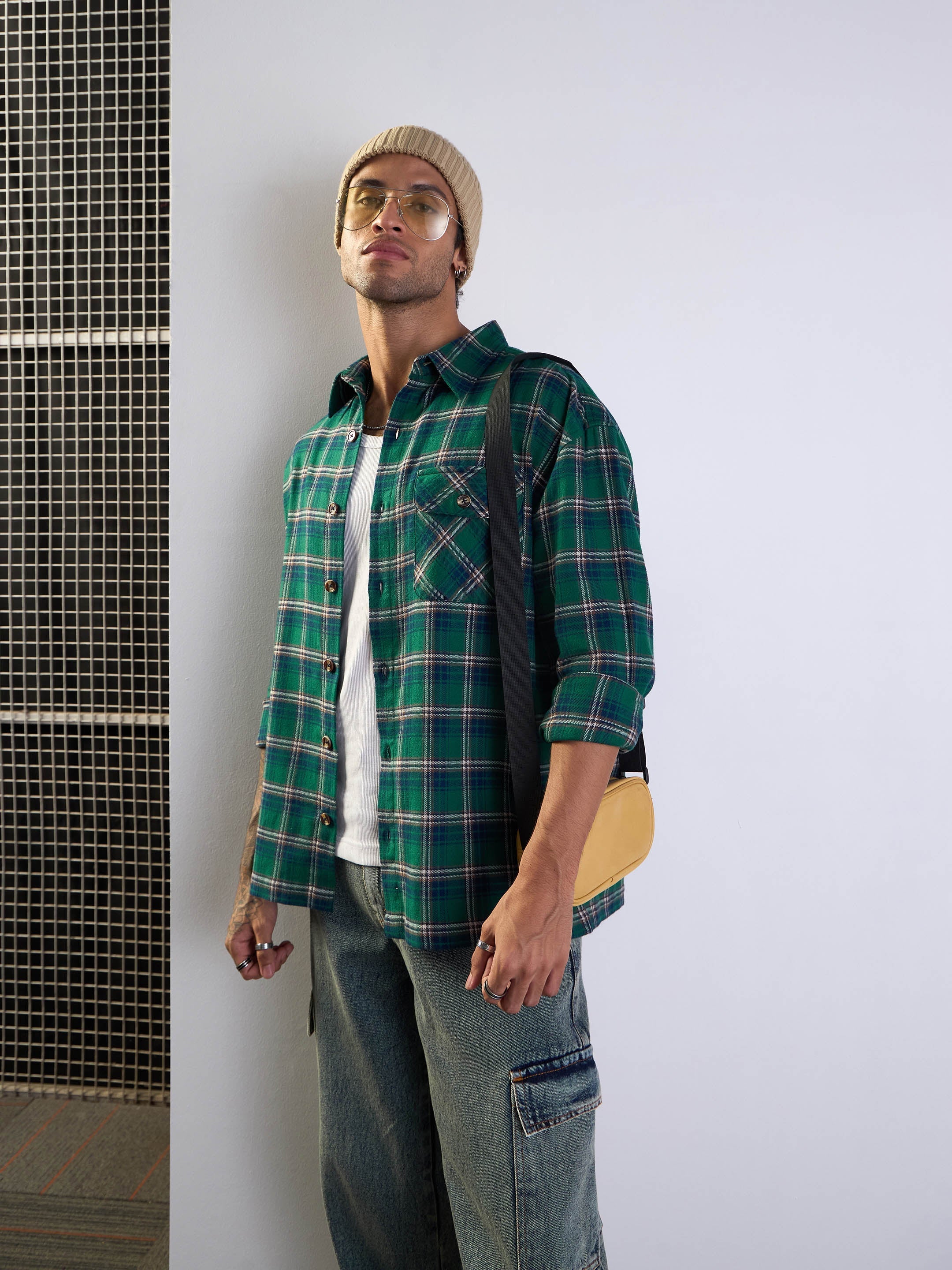 Men Green & Blue Check Oversize Shirt