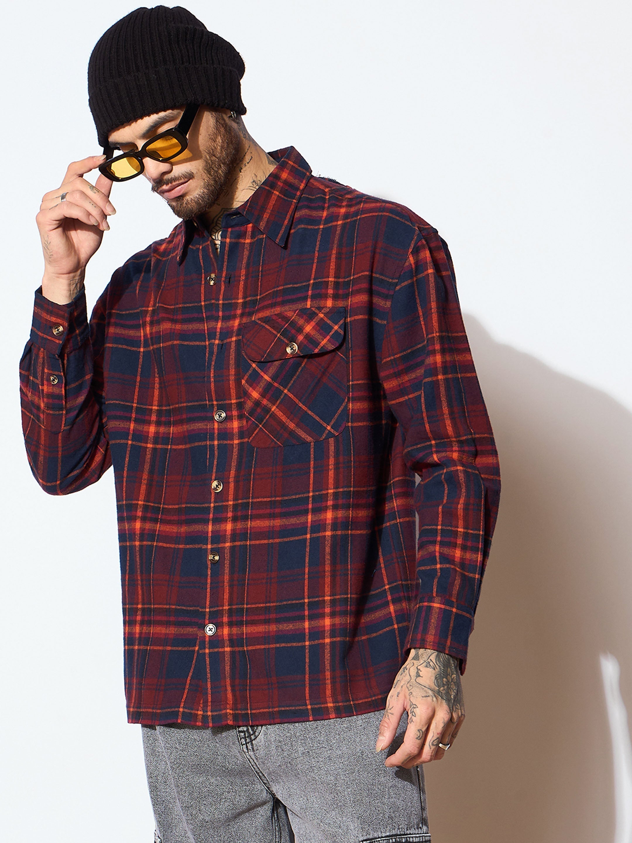 Men Rust & Blue Check GIANT Embroidery Oversize Shirt