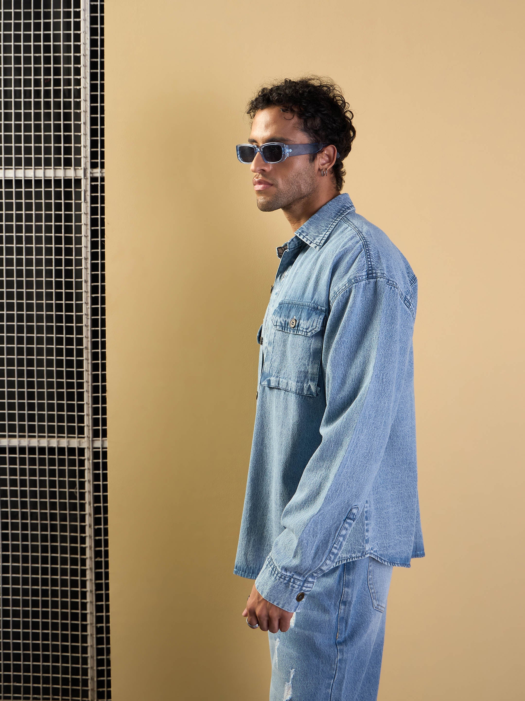 Men Blue Washed Denim Oversize Shacket