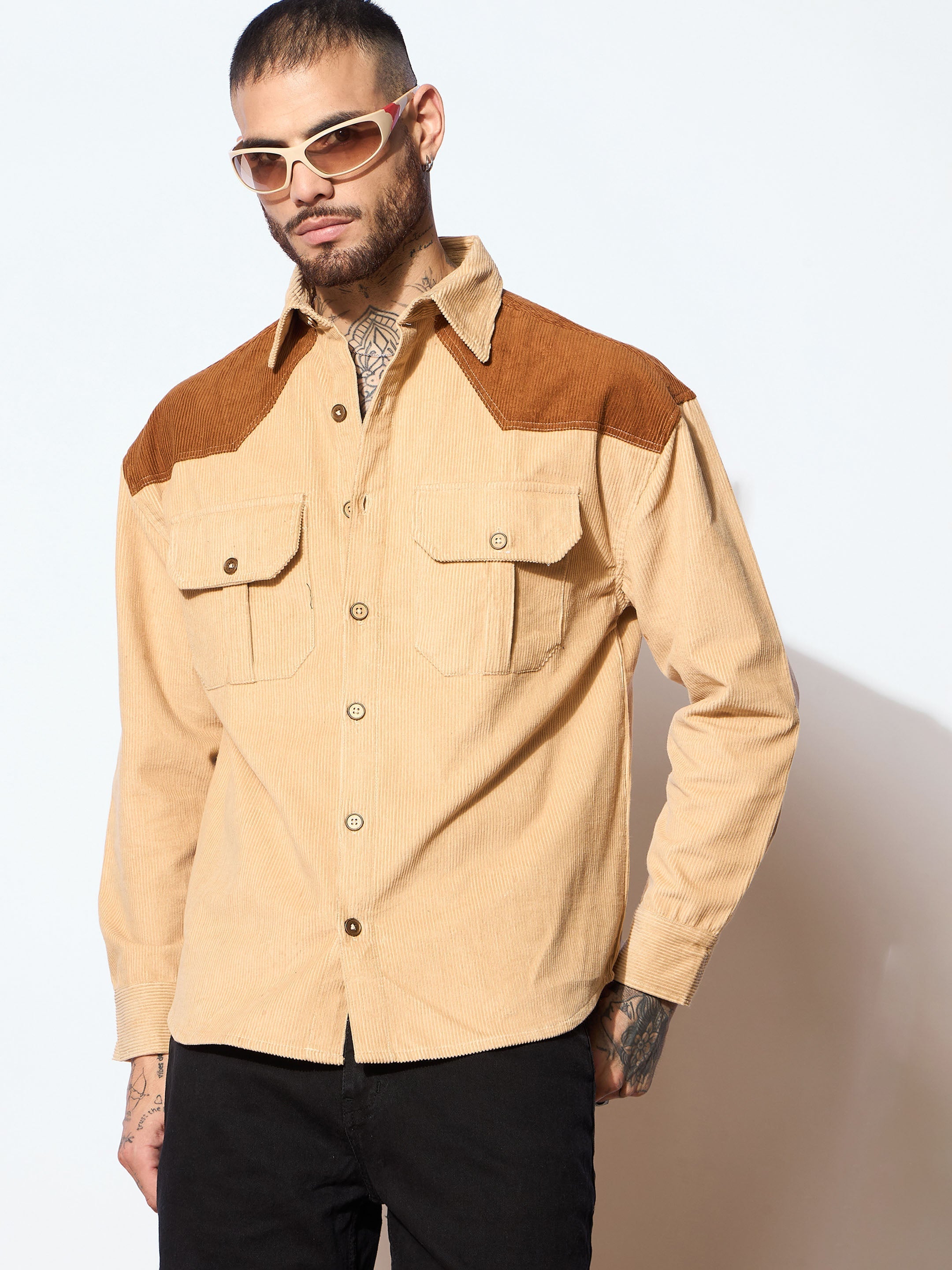 Men Beige & Brown Corduroy Colorblock Oversize Shirt