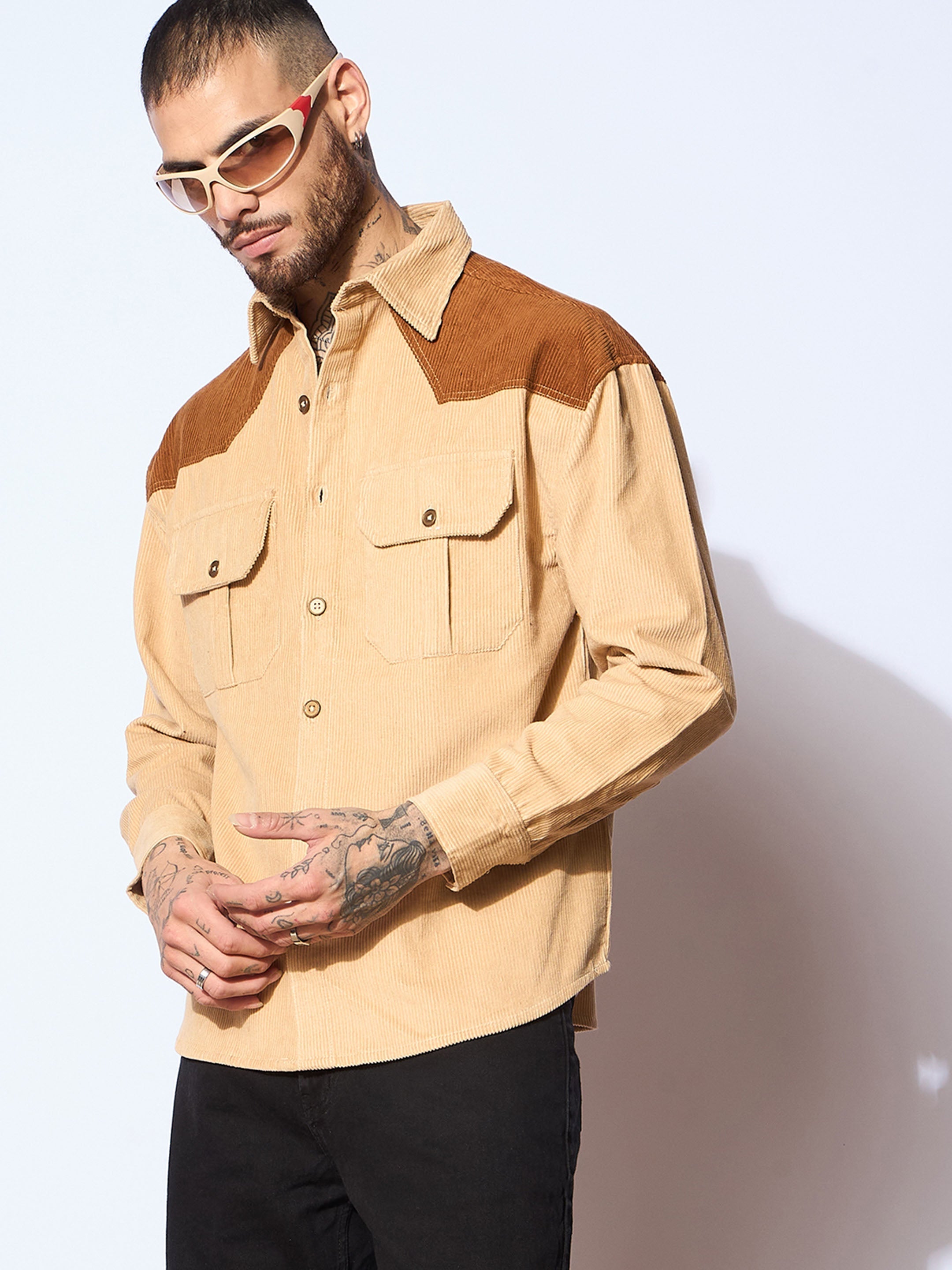 Men Beige & Brown Corduroy Colorblock Oversize Shirt