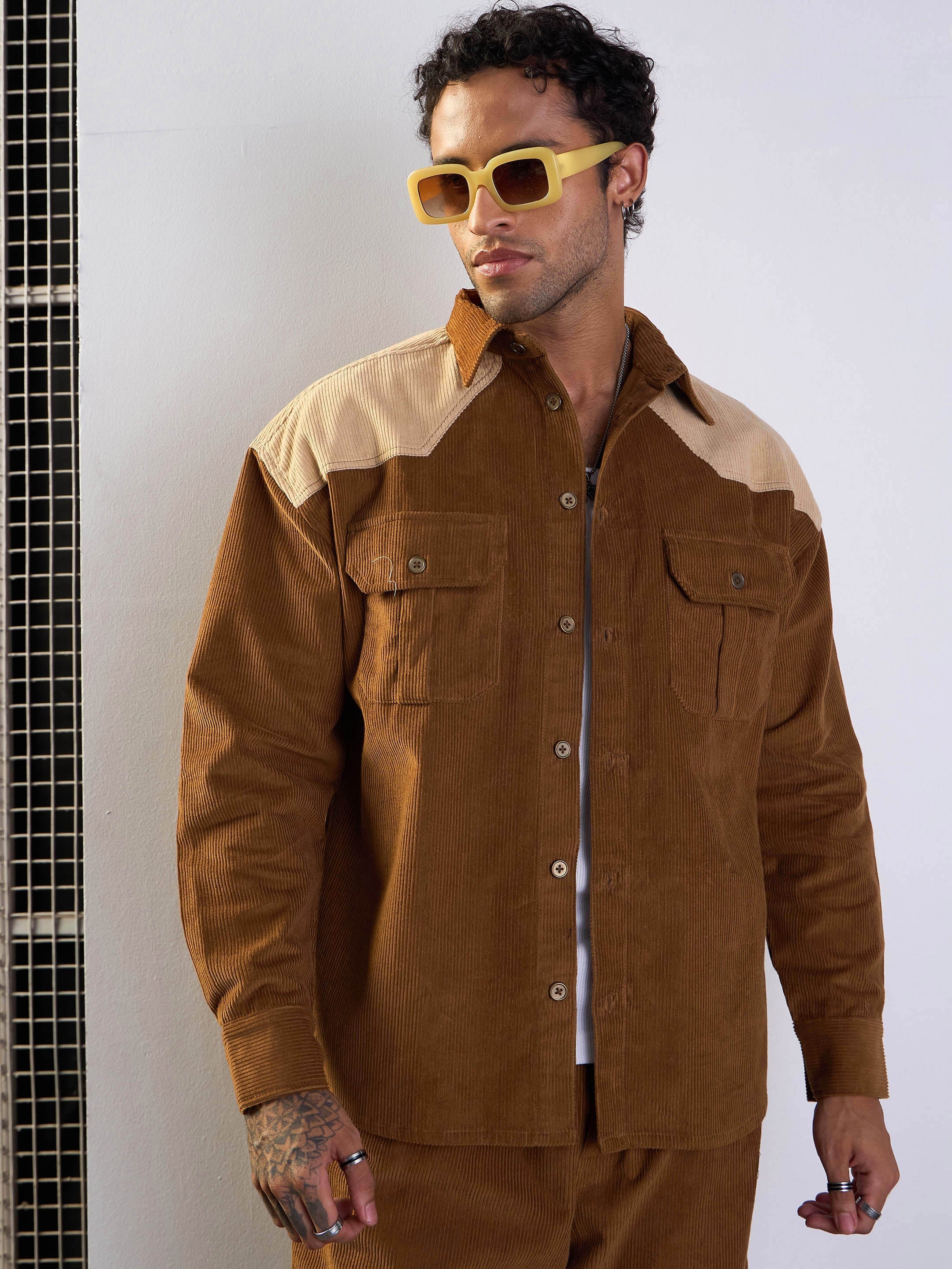 Men Brown & Beige Corduroy Colourblock Oversize Shirt