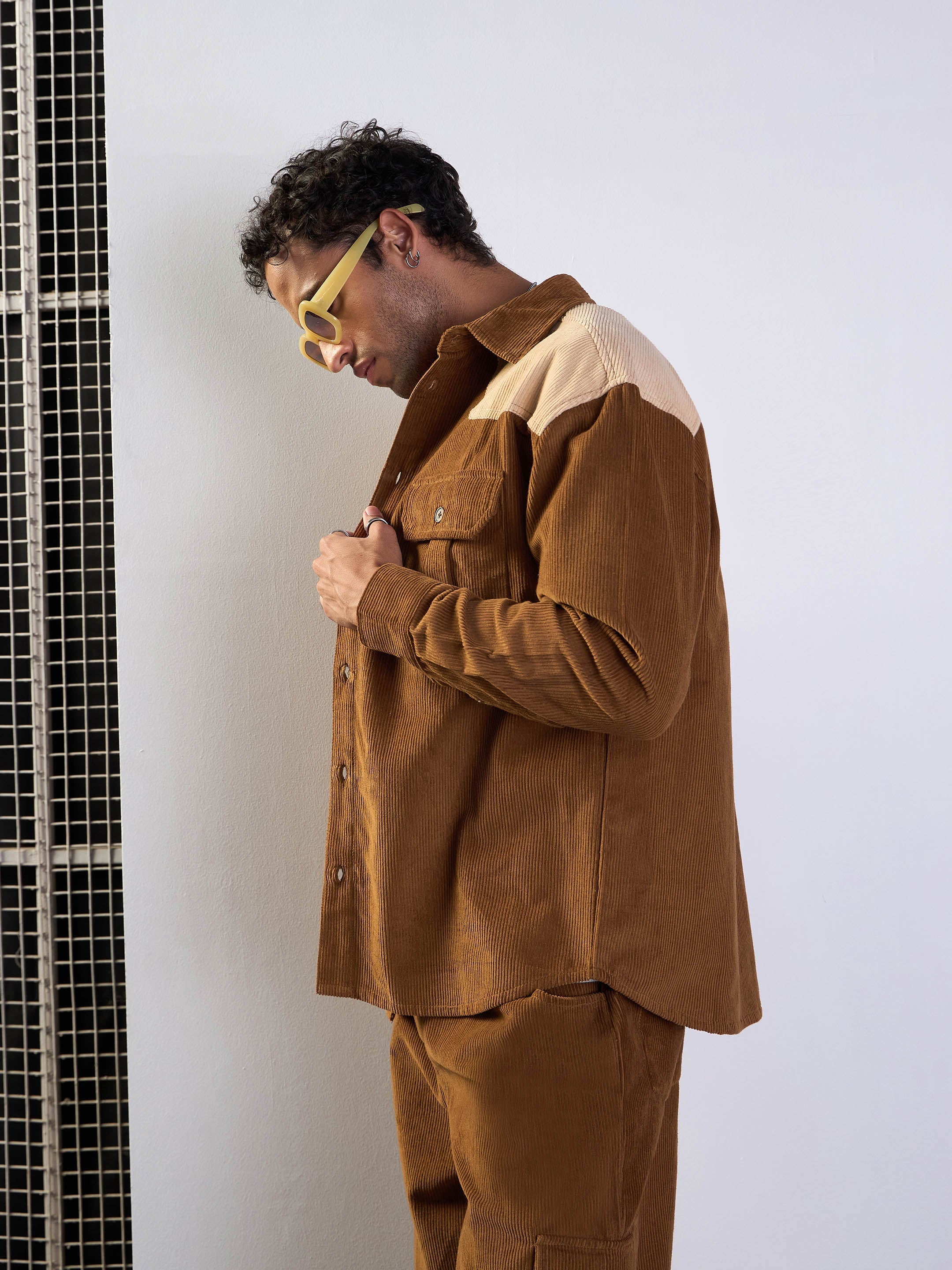 Men Brown & Beige Corduroy Colourblock Oversize Shirt