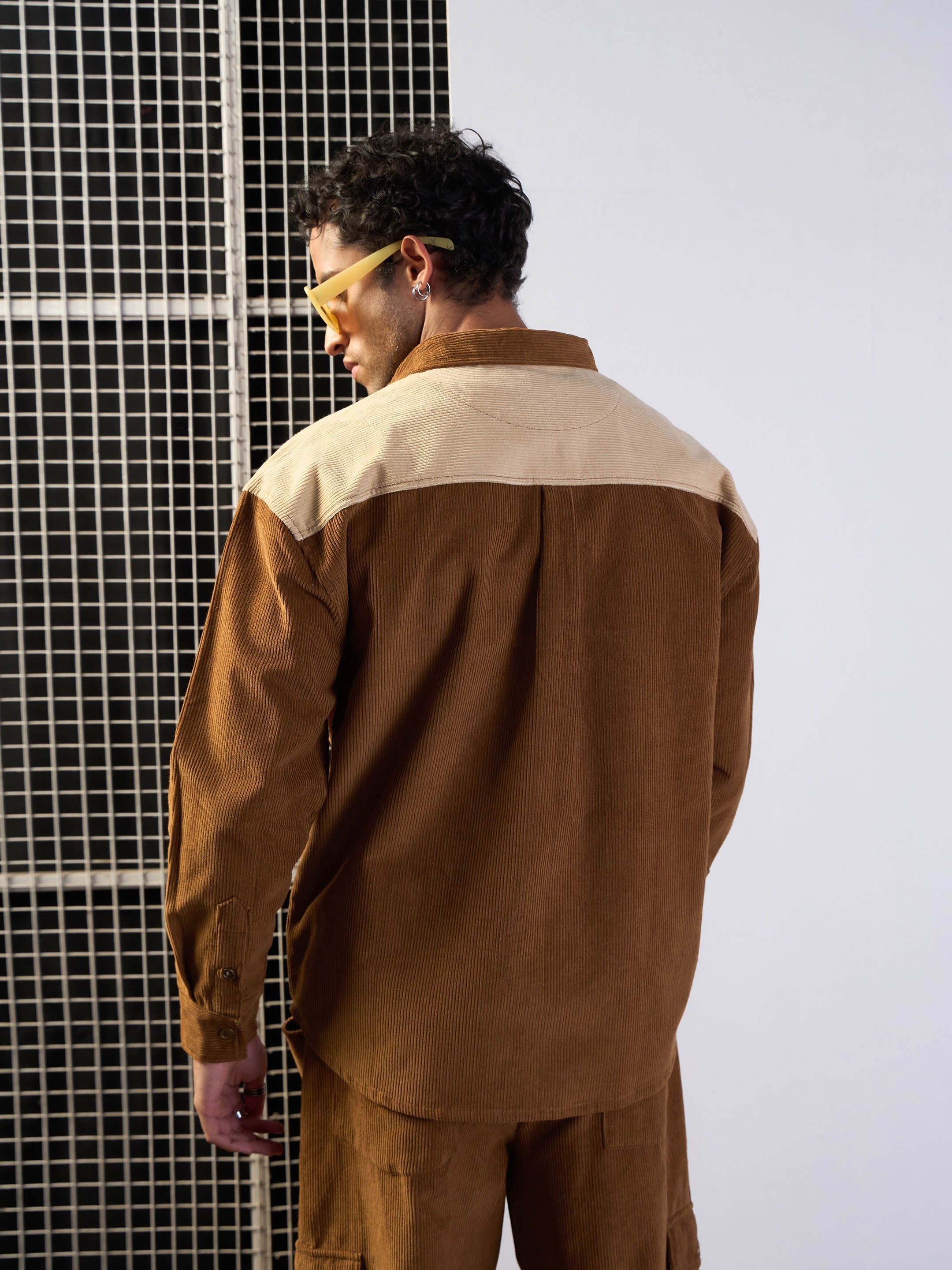 Men Brown & Beige Corduroy Colourblock Oversize Shirt