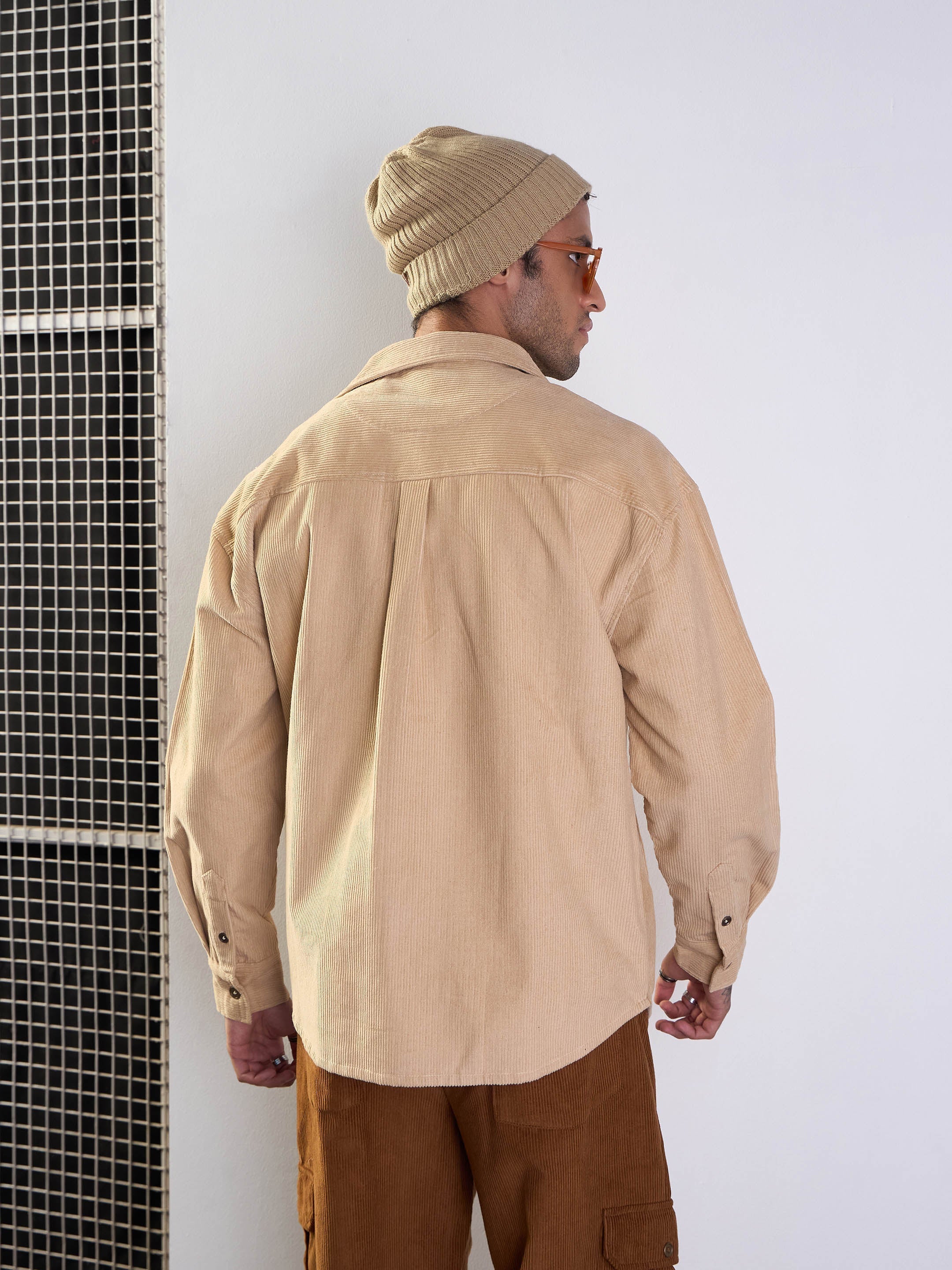 Men Beige Corduroy Side Pocket Shacket