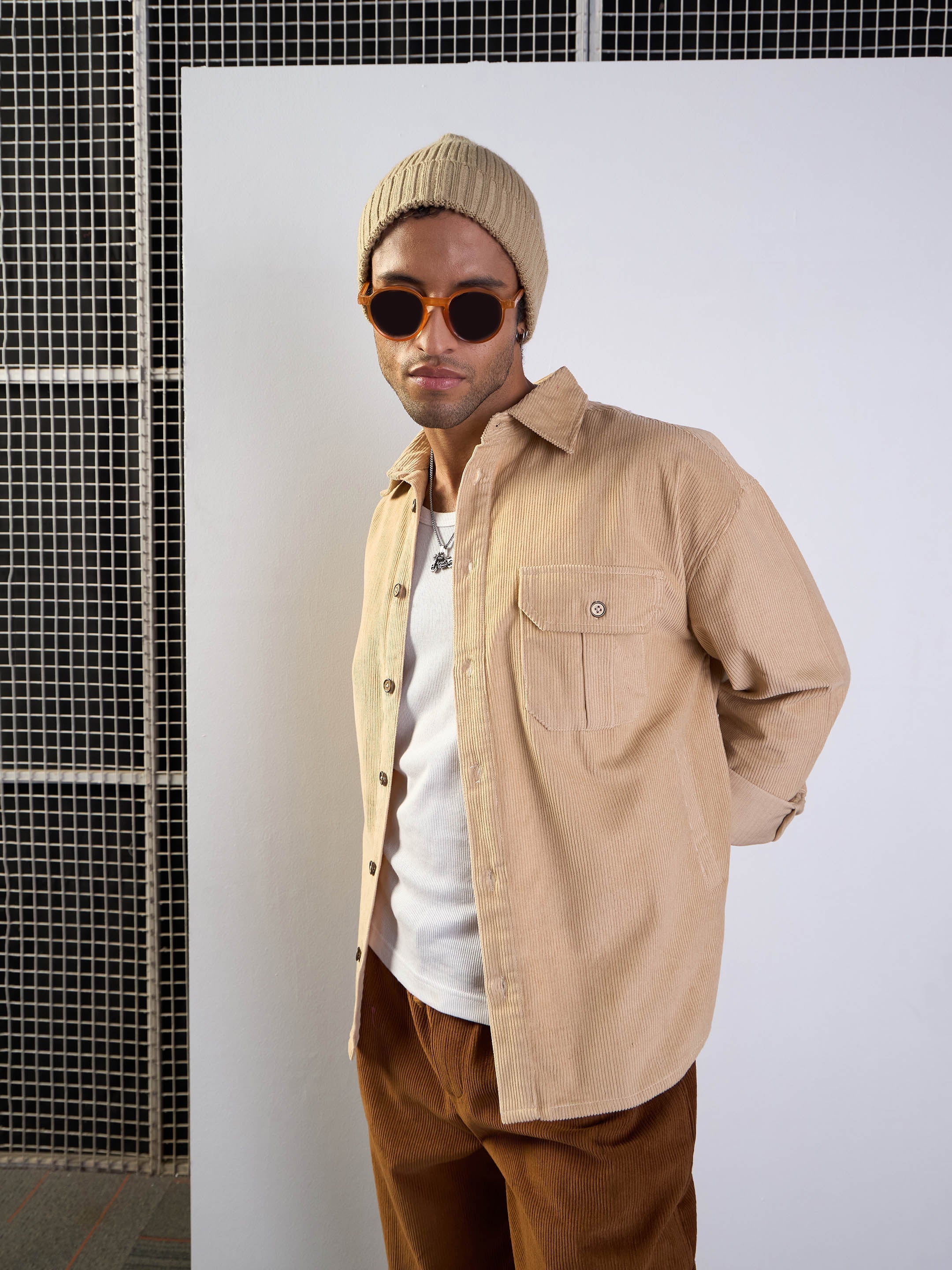 Men Beige Corduroy Side Pocket Shacket