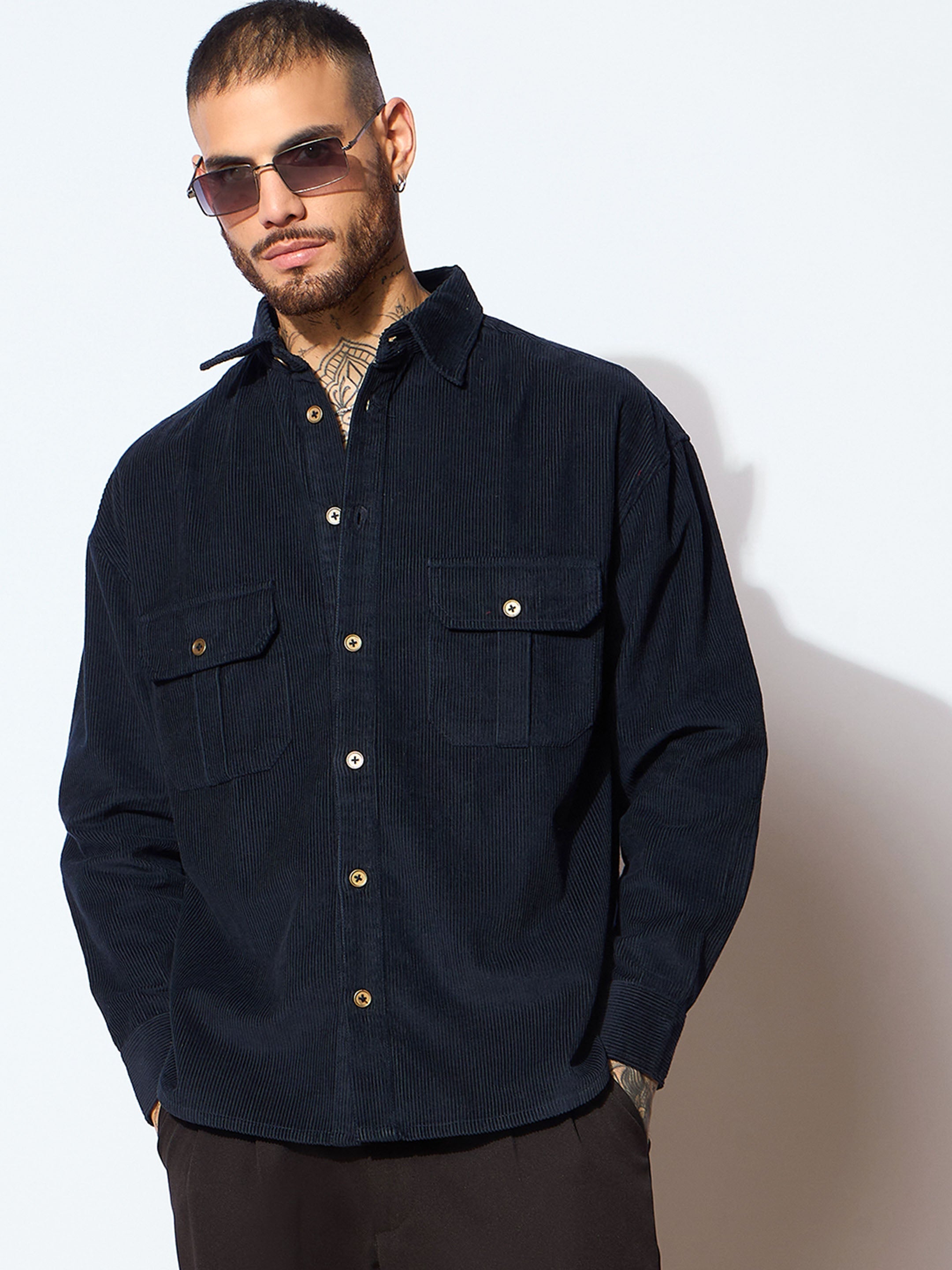 Men Navy Corduroy Elbow Patch Oversize Shirt