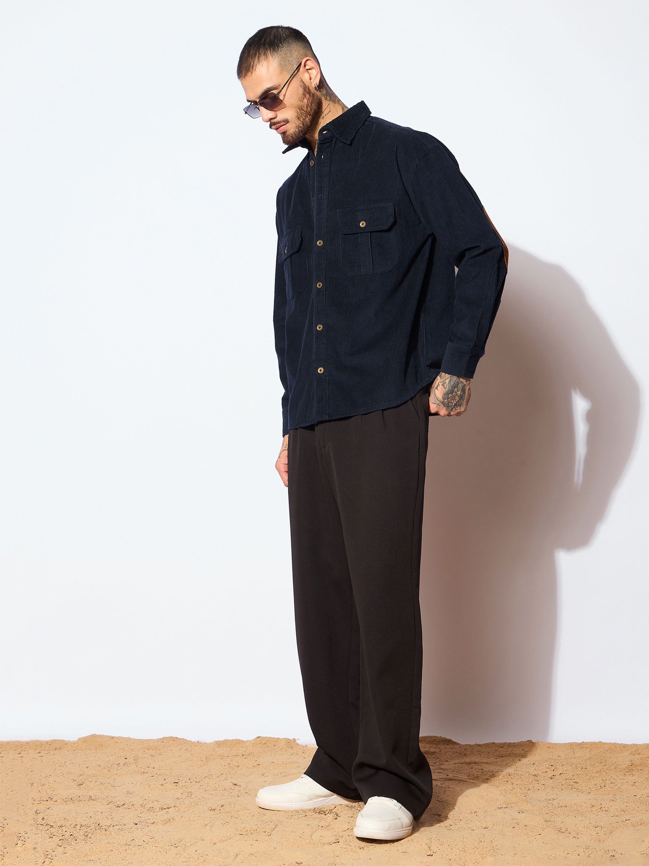 Men Navy Corduroy Elbow Patch Oversize Shirt