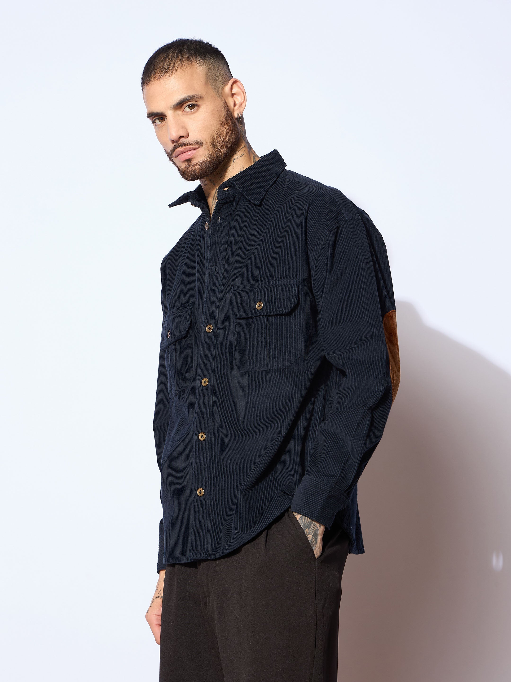 Men Navy Corduroy Elbow Patch Oversize Shirt